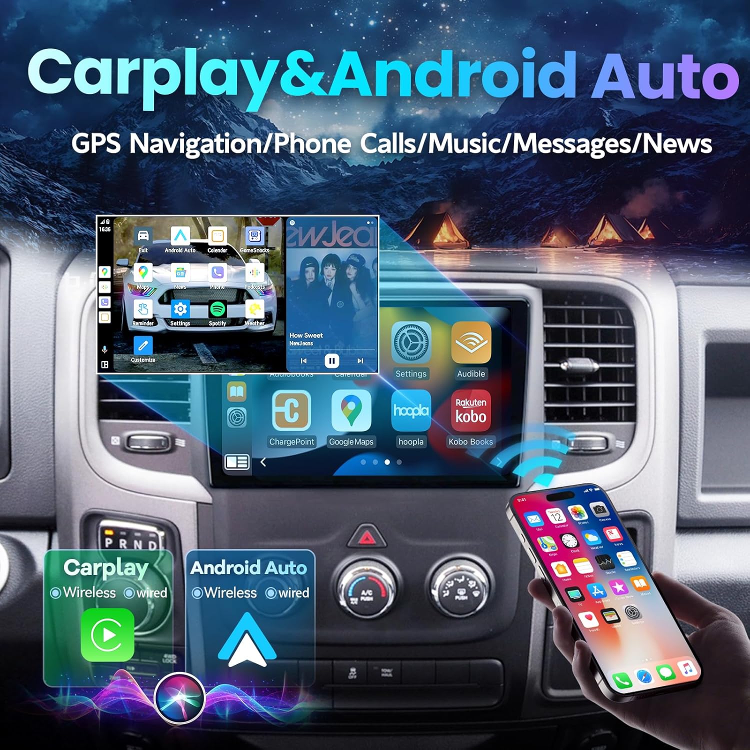 CarPlay and Android Auto features displayed on the car stereo screen