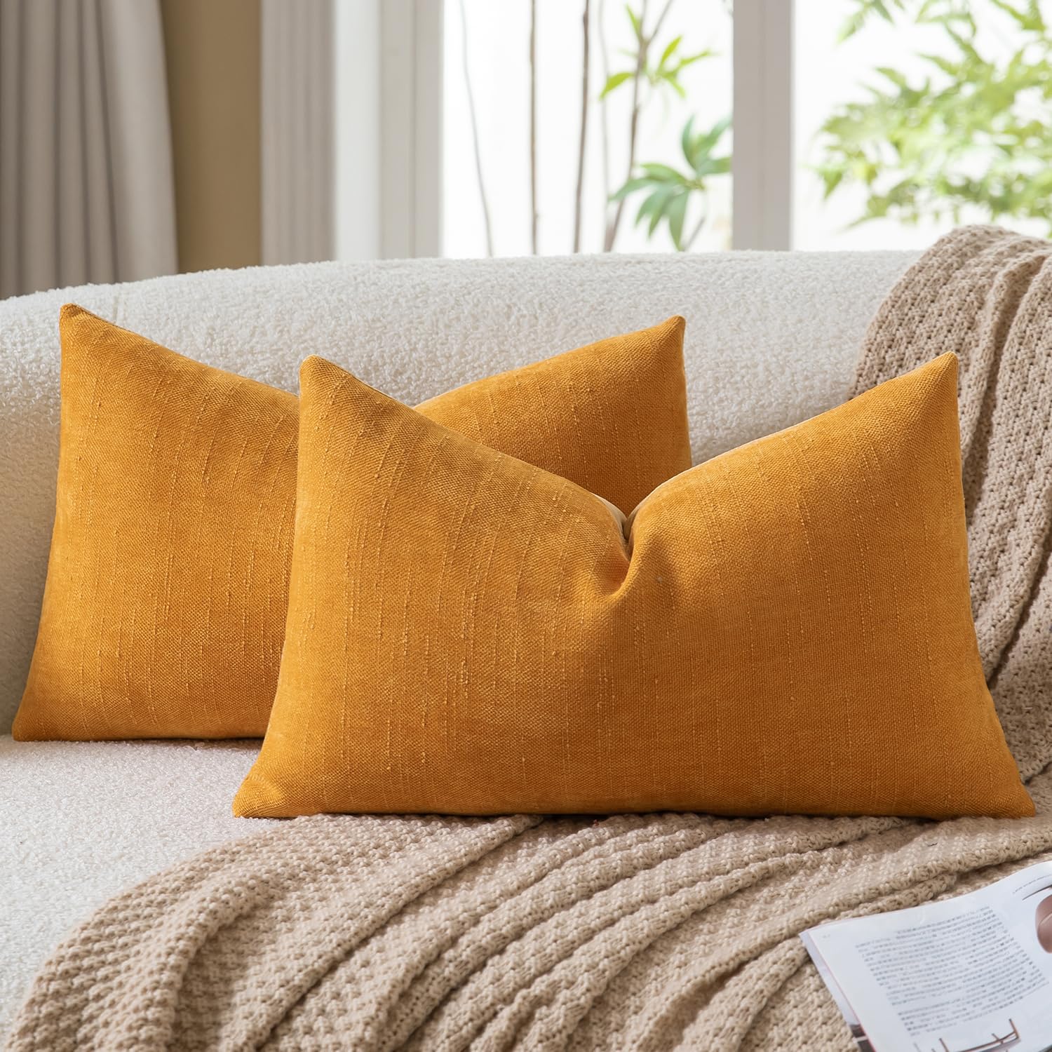 Mandioo Pack of 2 Faux Linen Chenille Cushion covers 30x50 cm 12x20 Inch Decorative Pillow Covers Velvet Accent Throw Pillow Case for Couch Sofa Living Room Bedroom Farmhouse Decor Orange