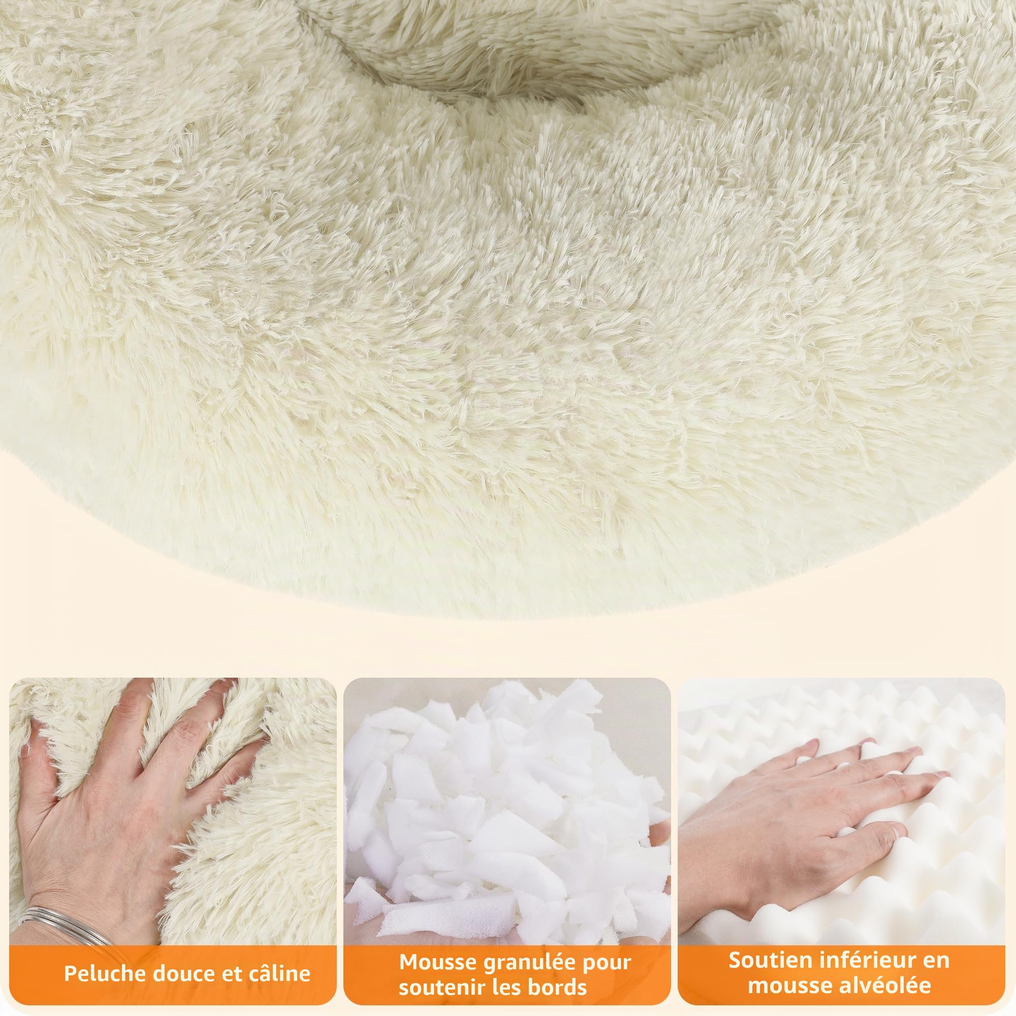 HMTOPE Lit orthopédique pour chien rond Coussin pour chien Canapé pour chat Lit en forme de donut Doux Panier pour chien Lavable, 100 cm Ø, Beige