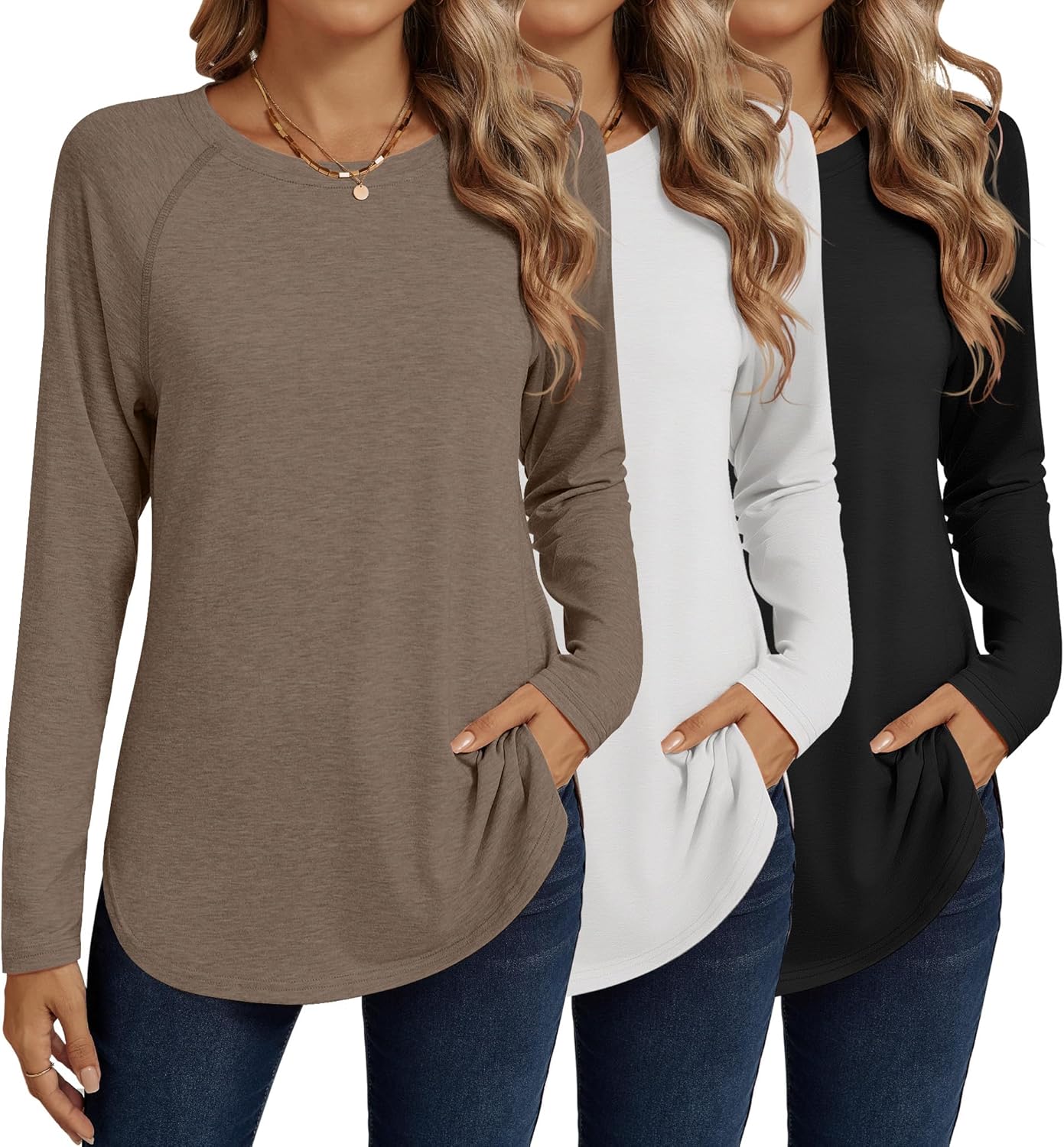 Ficerd 3 Pack Women's Long Sleeve T-Shirts Crew Neck Raglan Sleeve Casual Loose Fit Shirts Side Split Curved Hem Tunic Tops