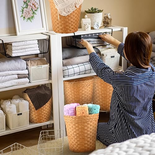 Miniatura 4 de Bokon 4 cestas de basura de pajita, estilo bohemio, tejidas, naturales, para baño, papelera, papelera, papelera, papelera pequeña, redonda, para