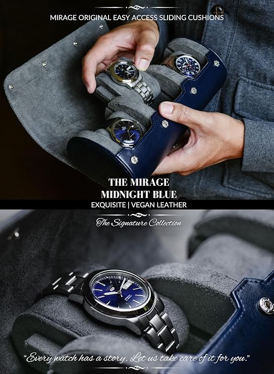 Watch Case Travel Organizer - Watch Roll Case - 3 Watch Case Display Storage - Watches Accessory Gift - Midnight Blue Vegan Leather