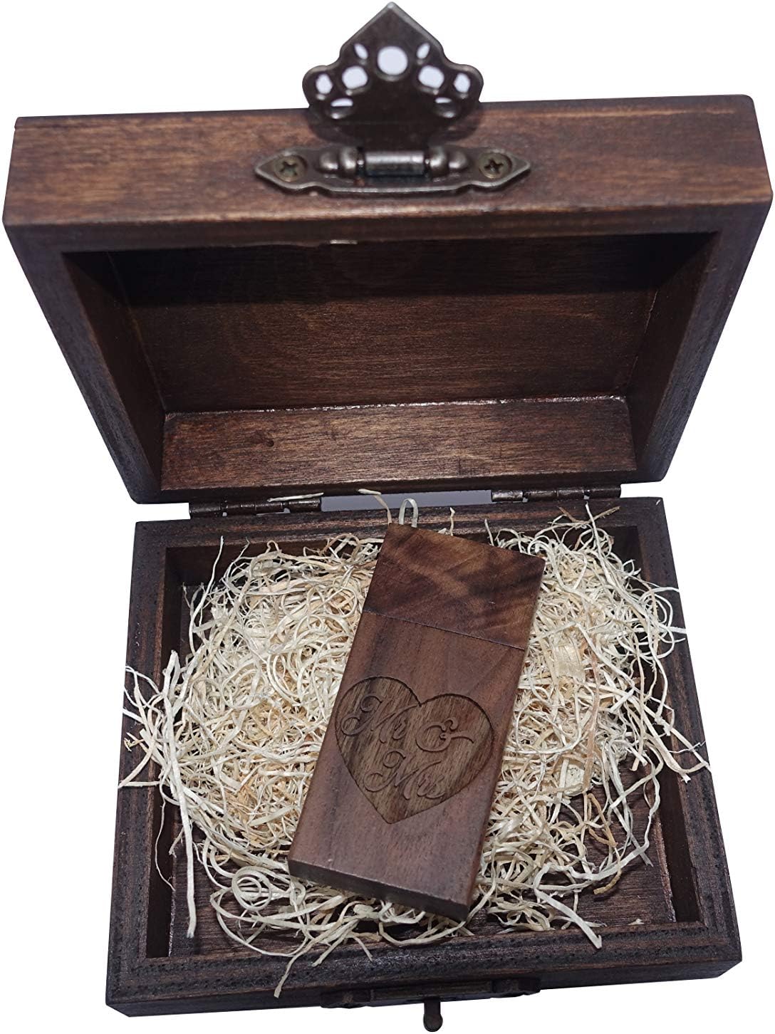 Wooden Keepsake Wedding Box, USB Flash Drive, Wood USB, Personalized Gift, Save The Date, USB, USB Box, Walnut Finish with Matching Mr. Mrs. USB. (16GB)
