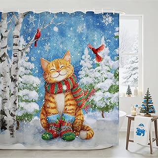 Mocsicka Christmas Shower Curtain Cat Winter Shower Curtains for Bathroom Snowy Christmas Bathroom Decor Waterproof Washable Bathtub Decoration Happy New Year Gift (Blue, 71x71inch)