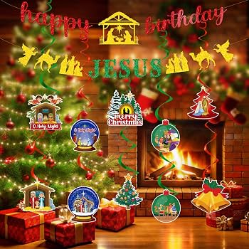 33-Piece Happy Birthday Jesus Christmas Decoration Kit - Banner, Cake Topper & Stickers