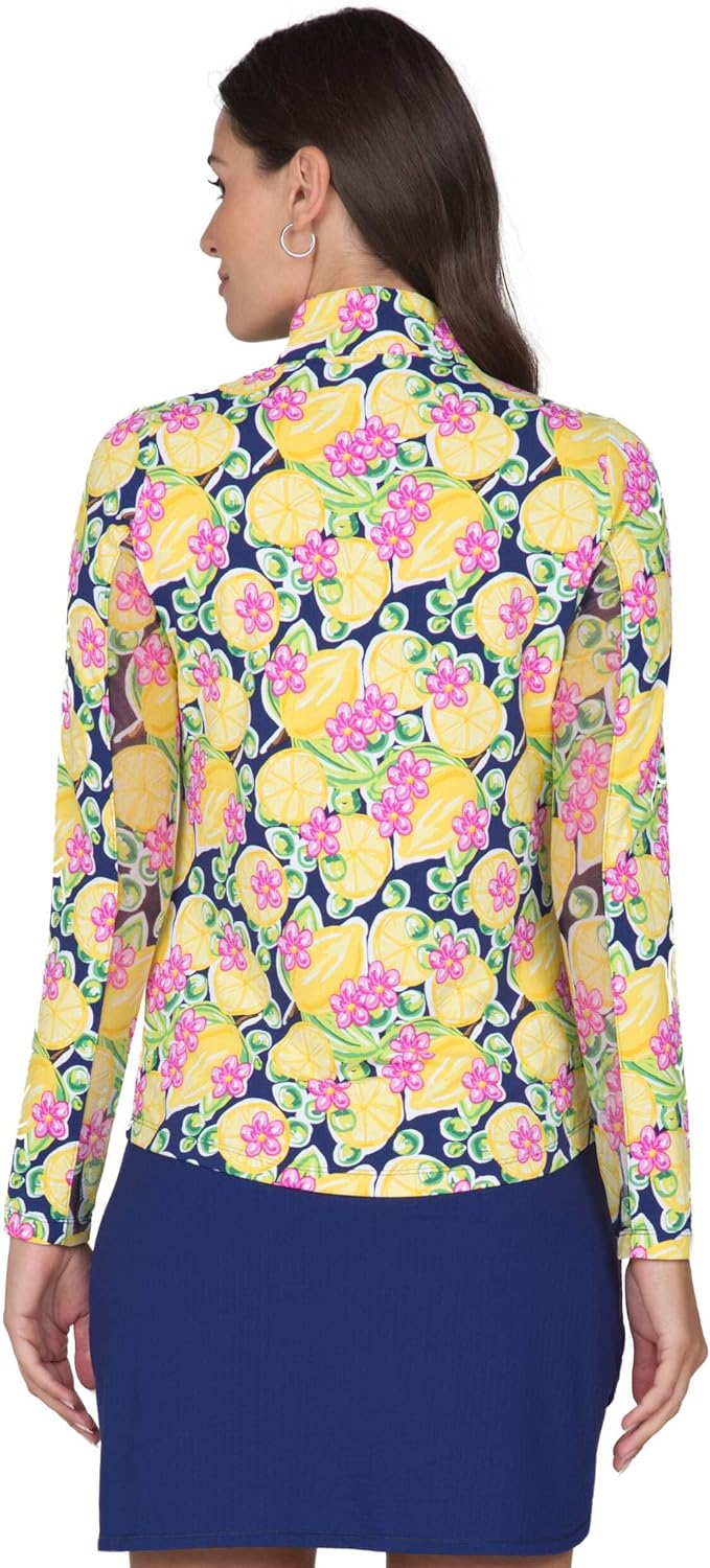 IBKUL Athleisure Wear Sun Protective UPF 50+ Icefil Cooling Tech Calista Print Long Sleeve Mock Neck Top – 10652 Hot Pink Multi Calista S - Image 8