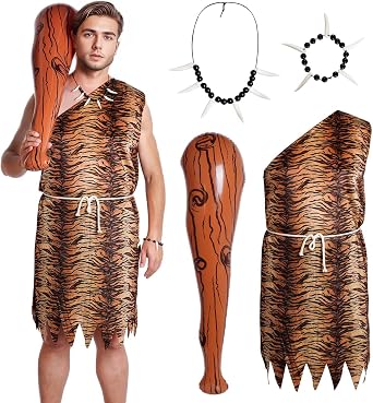 Jmkcoz Halloween Caveman Costume Jungle Necklace Tooth Bone Bracelet Inflatable Cave Bat Caveman Stick for Women Men Cosplay