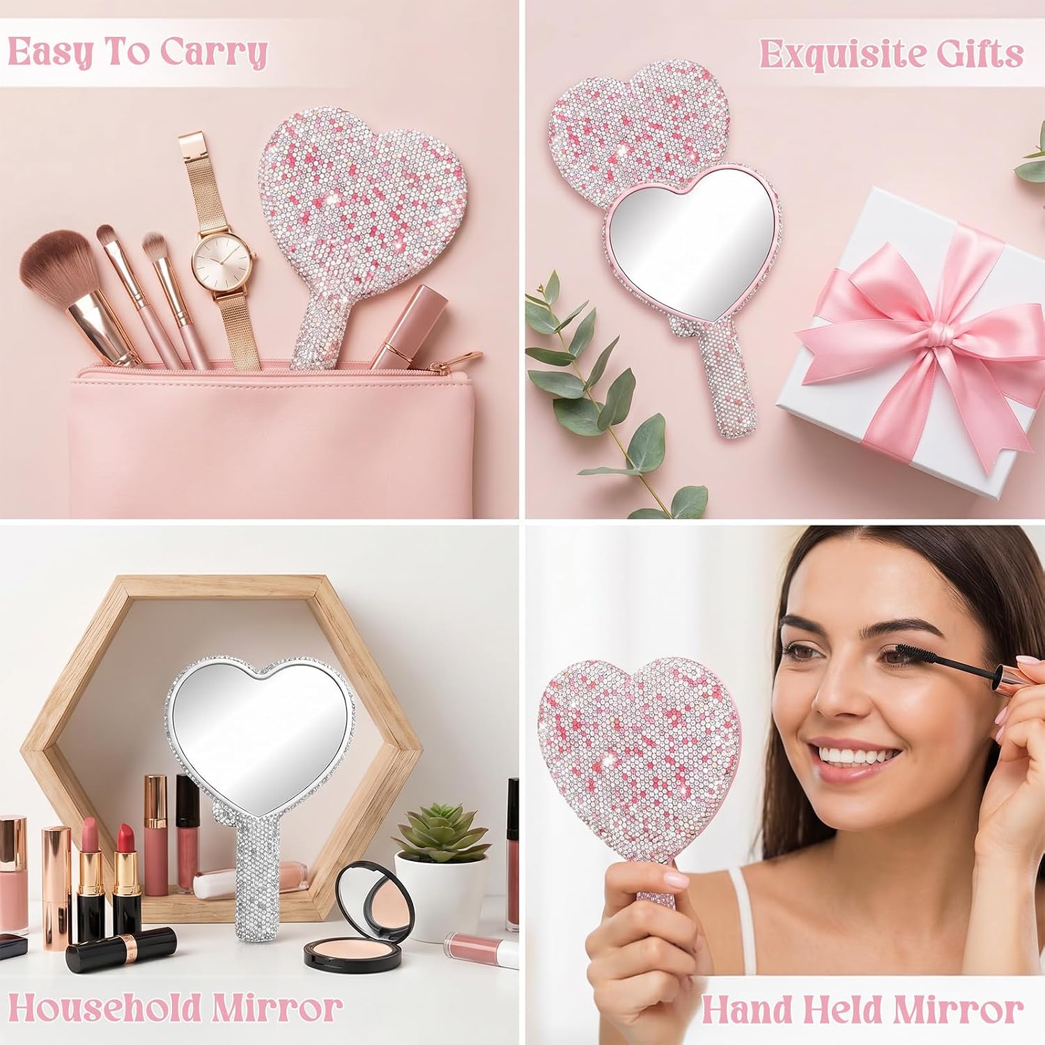 4 Pcs Large Rhinestone Handheld Mirror Set, Portable Cosmetic Hand Mirror Heart Shaped Bling Glitter for Women Makeup Lash Travel (Pink & White)