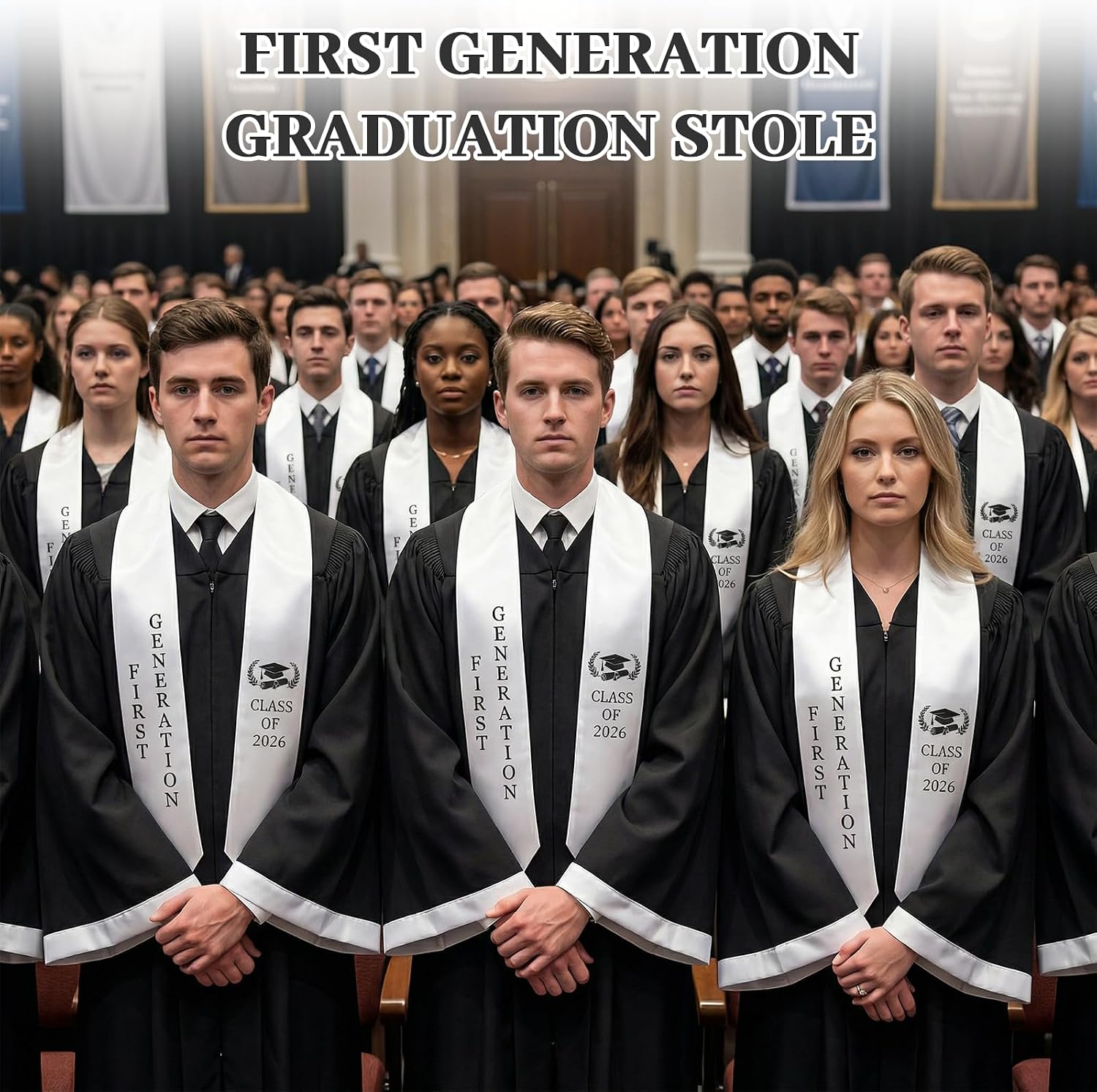 4Pack White First Generation Graduation Stole Class of 2026, 72in/182.88cm Satin Stoles for Graduation 2026, 5in/12.7cm Wide V-Neck Polyester Ceremony Sash Accessory for High School College Graduates