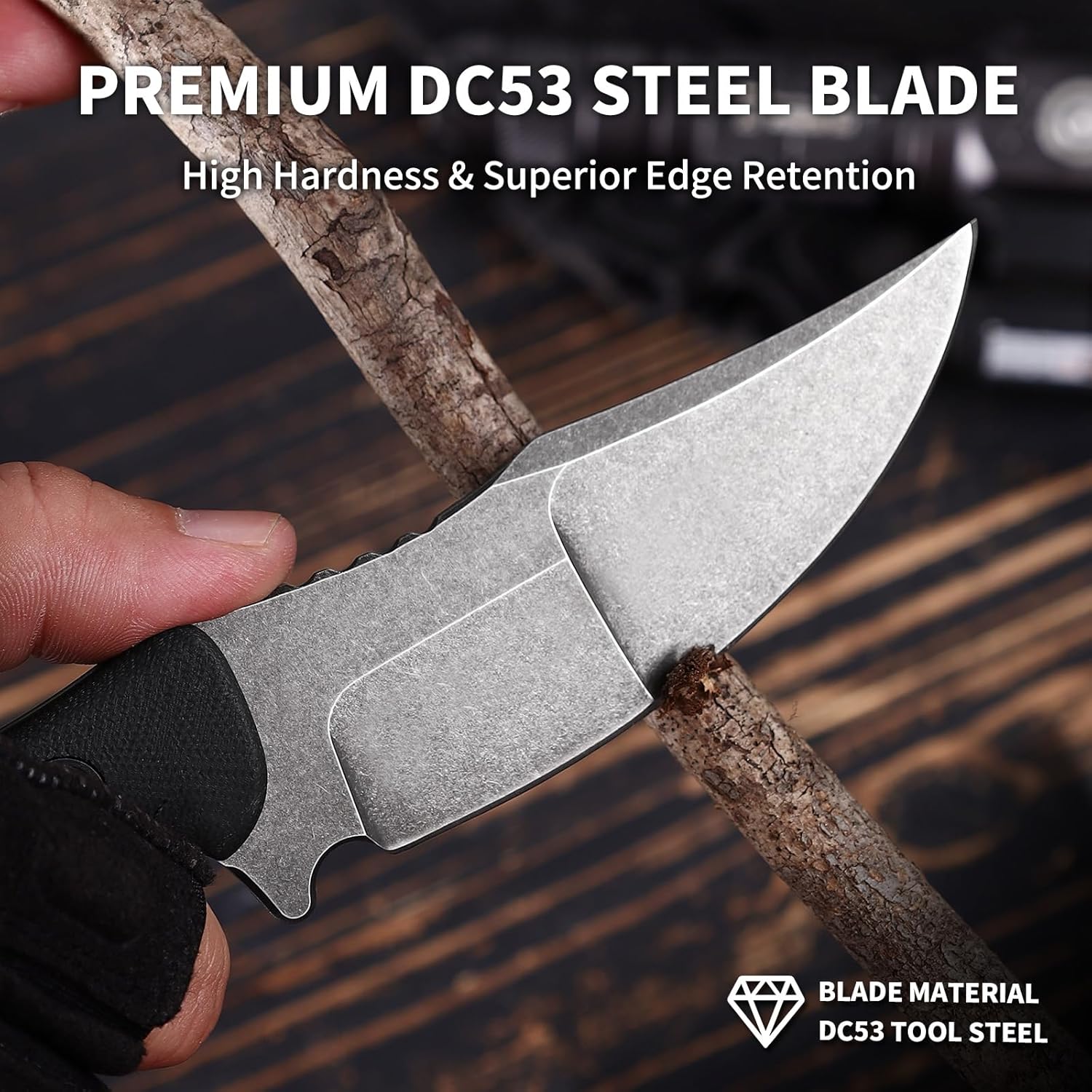 EDC Fixed Blade Knife with Sheath, Camping Knife Fixed Blade 3.9" DC53 Steel Outdoor Survival Blade with Full Tang Hunting Knives with Black G10 Handle for Men Women FB-02