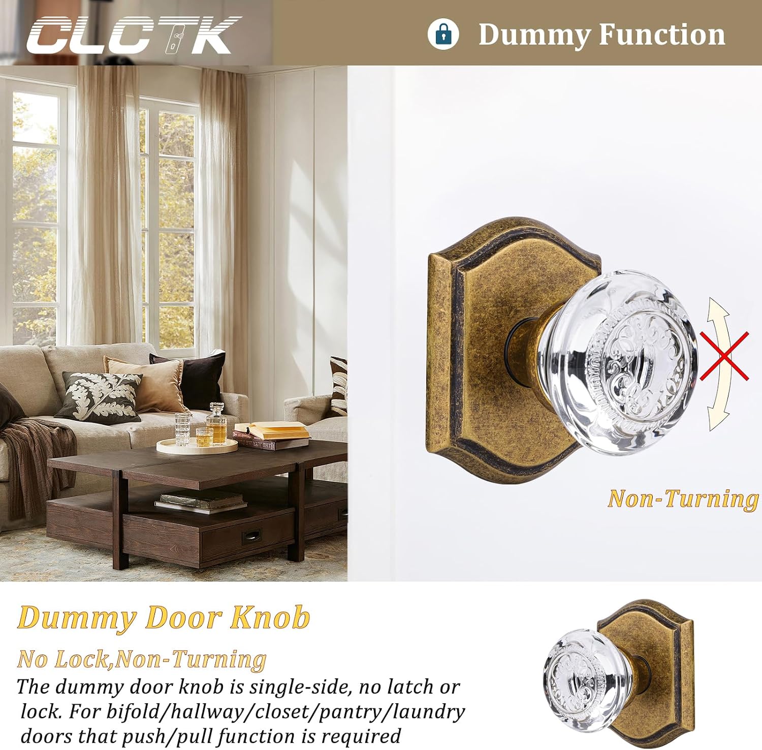 Crystal Glass Dummy Door Knob, Hall and Closet Antique Brass Dummy Door Handles Non-Turning Single Side, 2 Pack