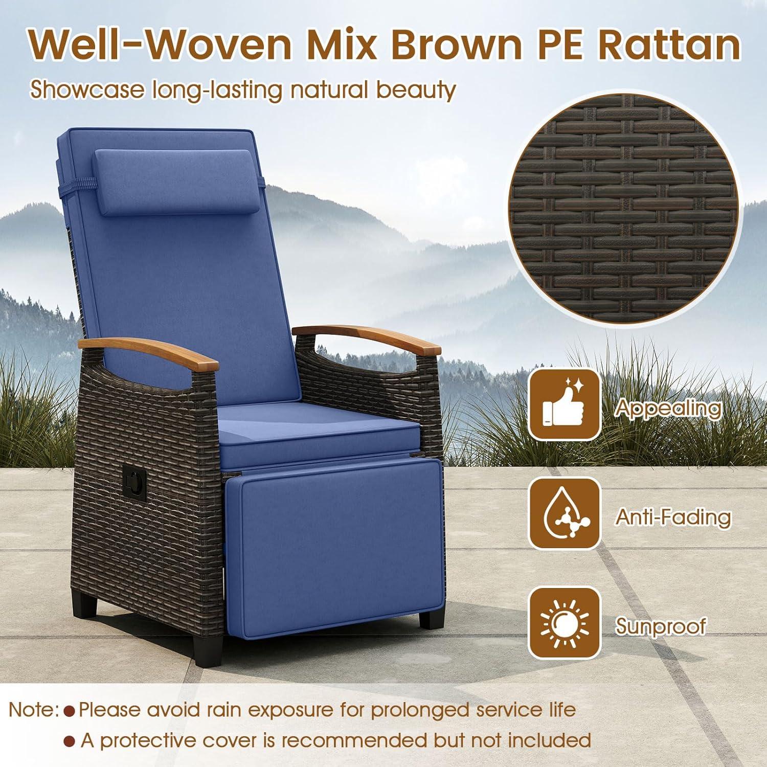 LDAILY Moccha Wicker Outdoor Recliner Chair - Rattan Lounge Chair with Adjustable Backrest & Footrest, Flip Side Table, Cushion, Push Back Reclining Seat for Pool Yard Patio Porch Balcony (Navy)