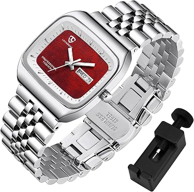 Mens Watch Luxury Stainless Steel Rectangular Wrist Watches Gift | Silver Analog Design Offers Waterproof Wear, Luminous Hands Plus Date and Day Displays In a Stylish Rectangular Dial for Men