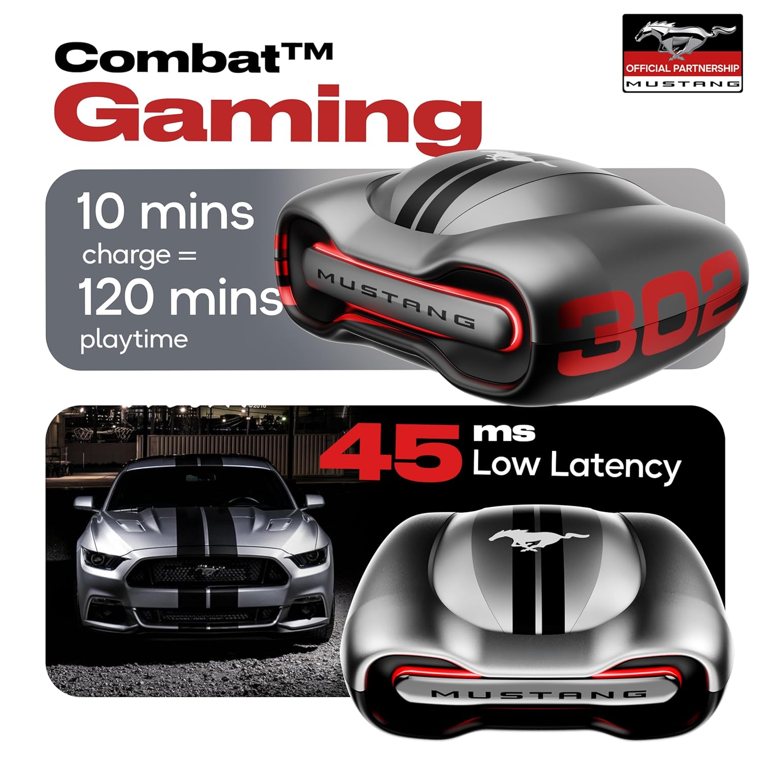 Image highlighting Combat Gaming mode with 45ms low latency and a visual of the earbuds and charging case.