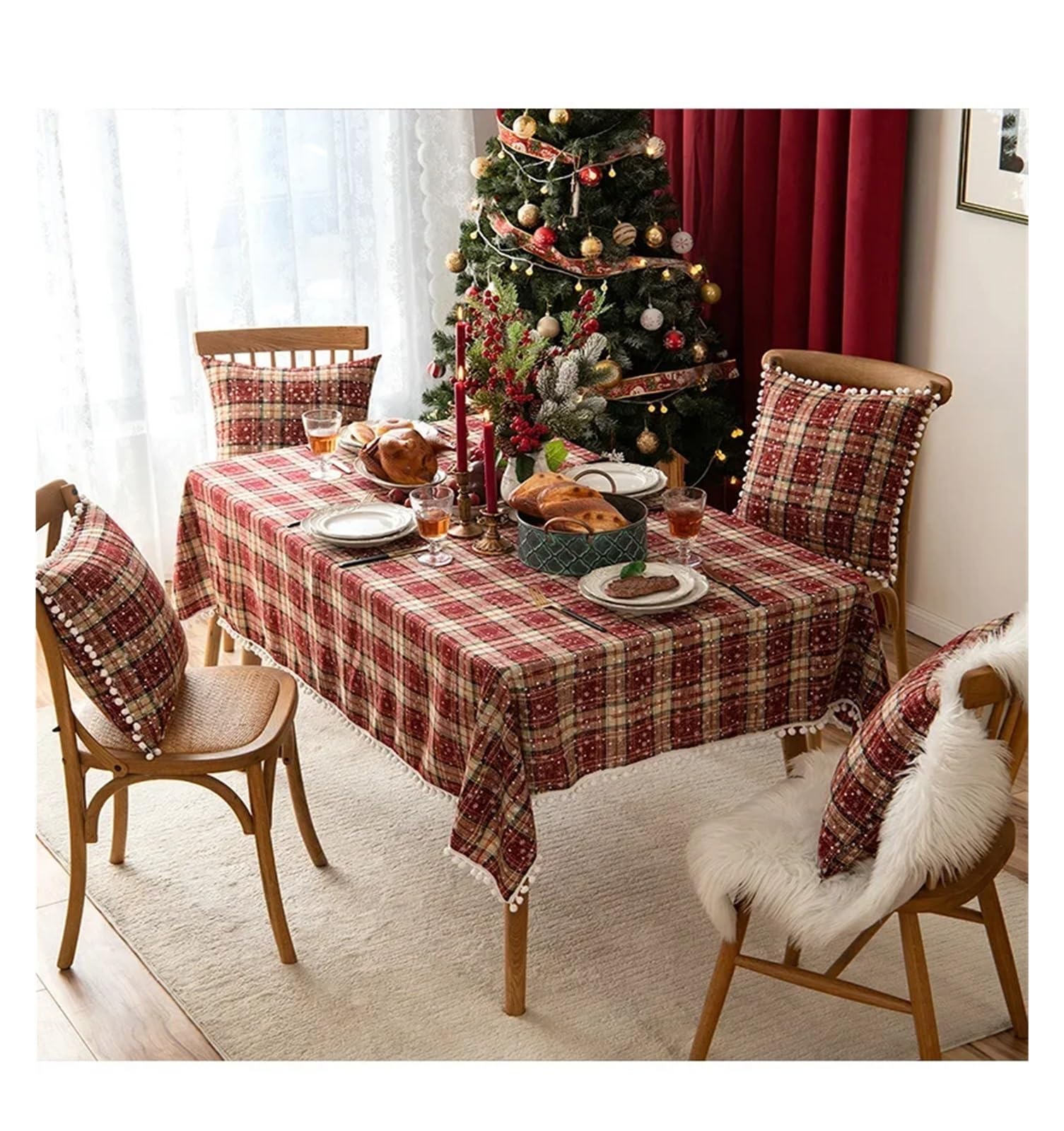 Mantel de Navidad Christmas Tablecloth Green Plaid Snowflake Cotton Linen Rectangular Table Cover Navidad Noel New Year Dining Decor(Green Snow Flower Gr,100x140cm)