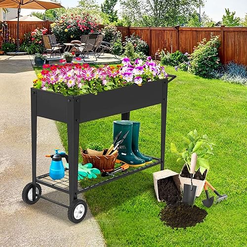 Miniatura 2 de Cama de jardín elevada, carrito de jardín elevado de metal móvil con patas y ruedas, jardín de hierbas para exteriores/interiores, jardineras
