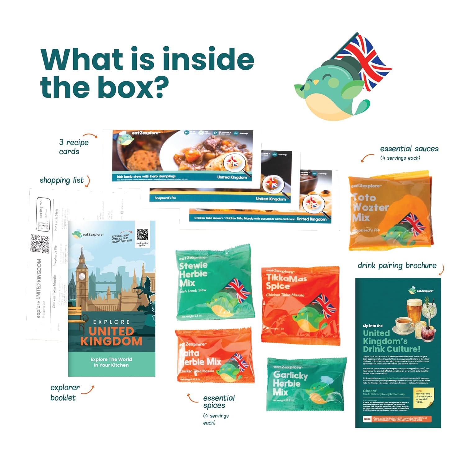 eat2explore Global Cooking Kit - Authentic Recipes, Essential Spices, Cultural Fun & Expert Drink Pairings - Perfect for Date Night and Dinner Parties (UNITED KINGDOM edition)