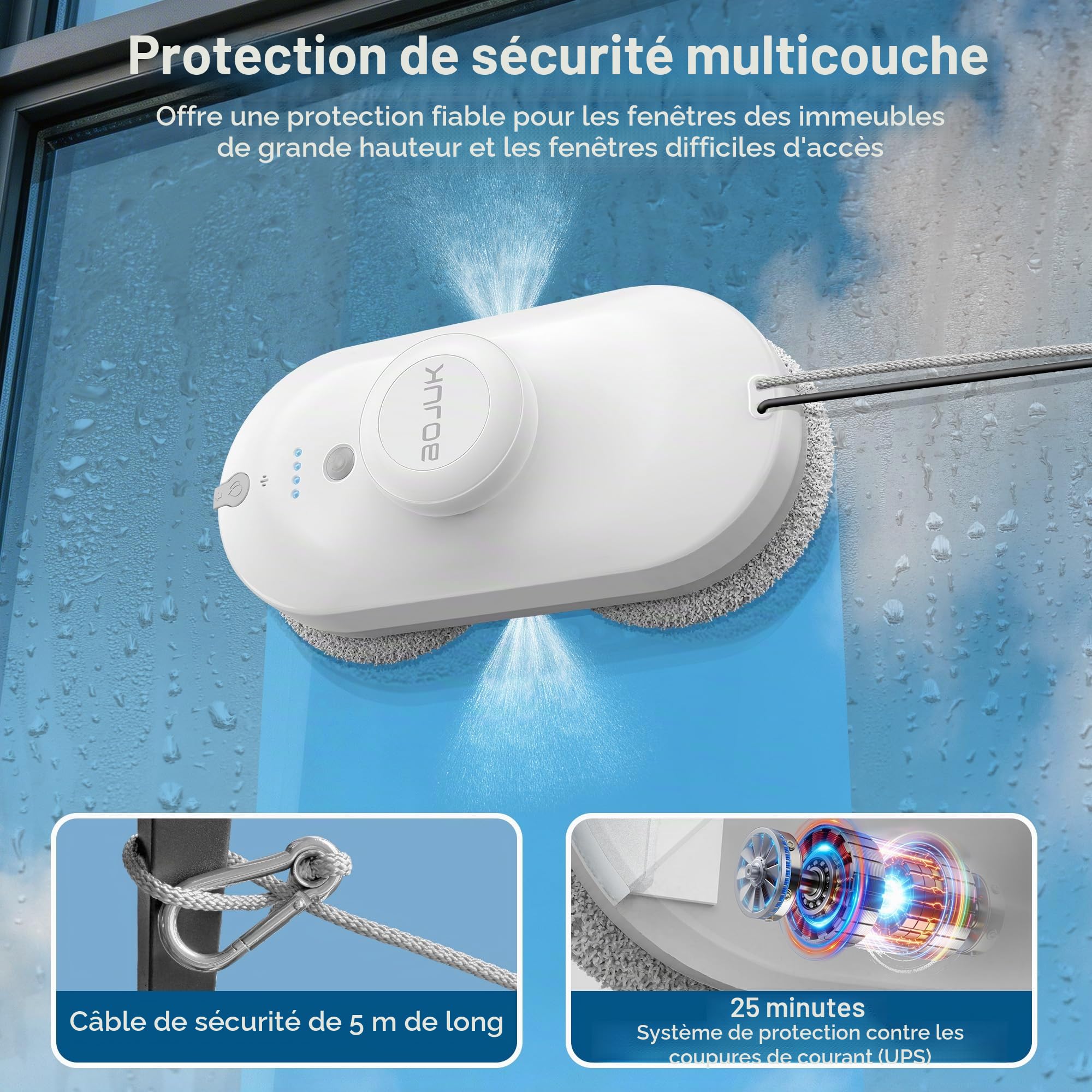 Robot lave-vitres, Robot lave-vitres 5000Pa, Système de pulvérisation double, Réservoir de 100ml, Navigation intelligente, 3 modes, Détection des bords, UPS, Nettoyage sans faille pour le verre