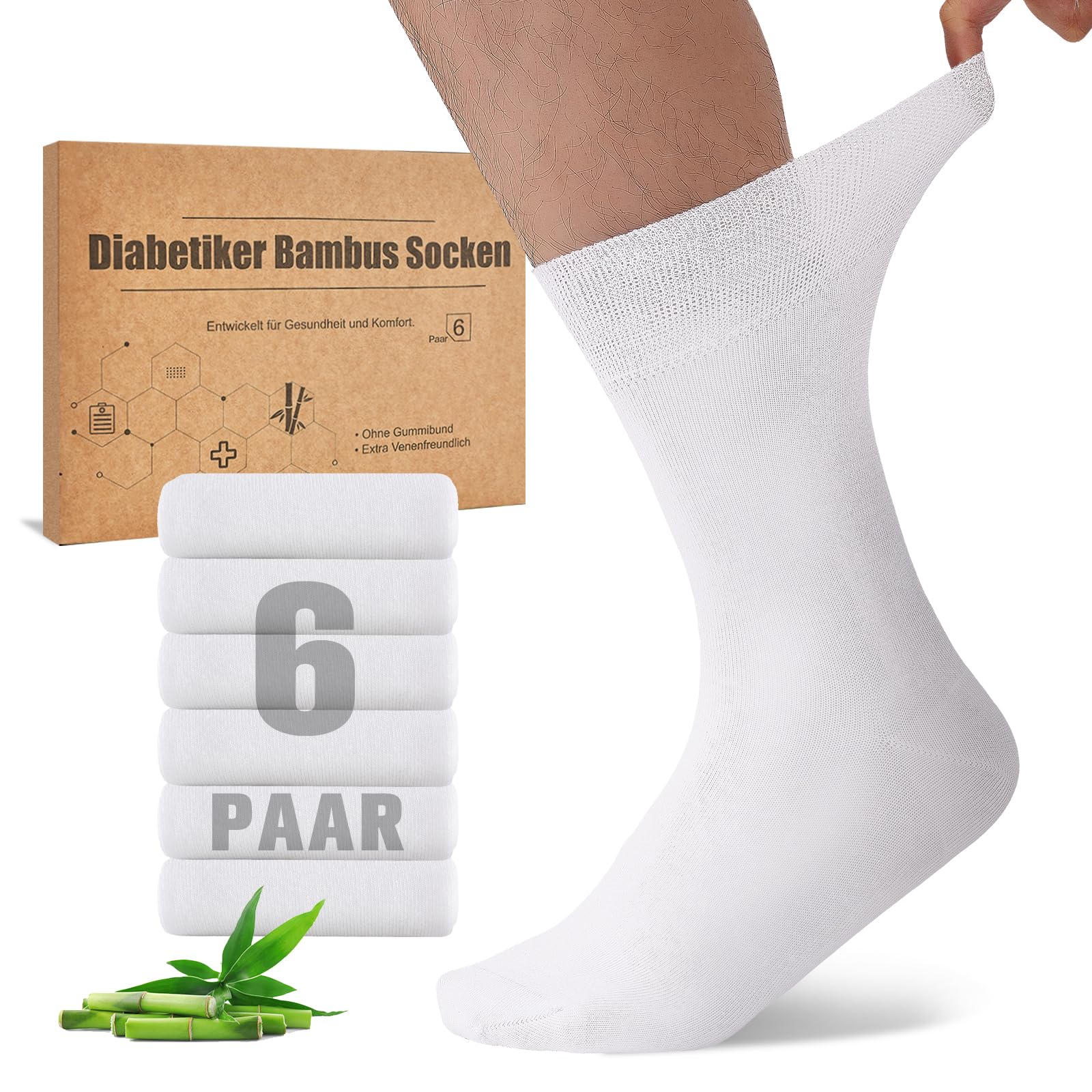 Niorasen Bambus Diabetikersocken, 6 Paar Diabetiker Socken ohne Gummibund & ohne Naht, Bambussocken Gesundheitssocken mit Komfortbund für Herren & Damen