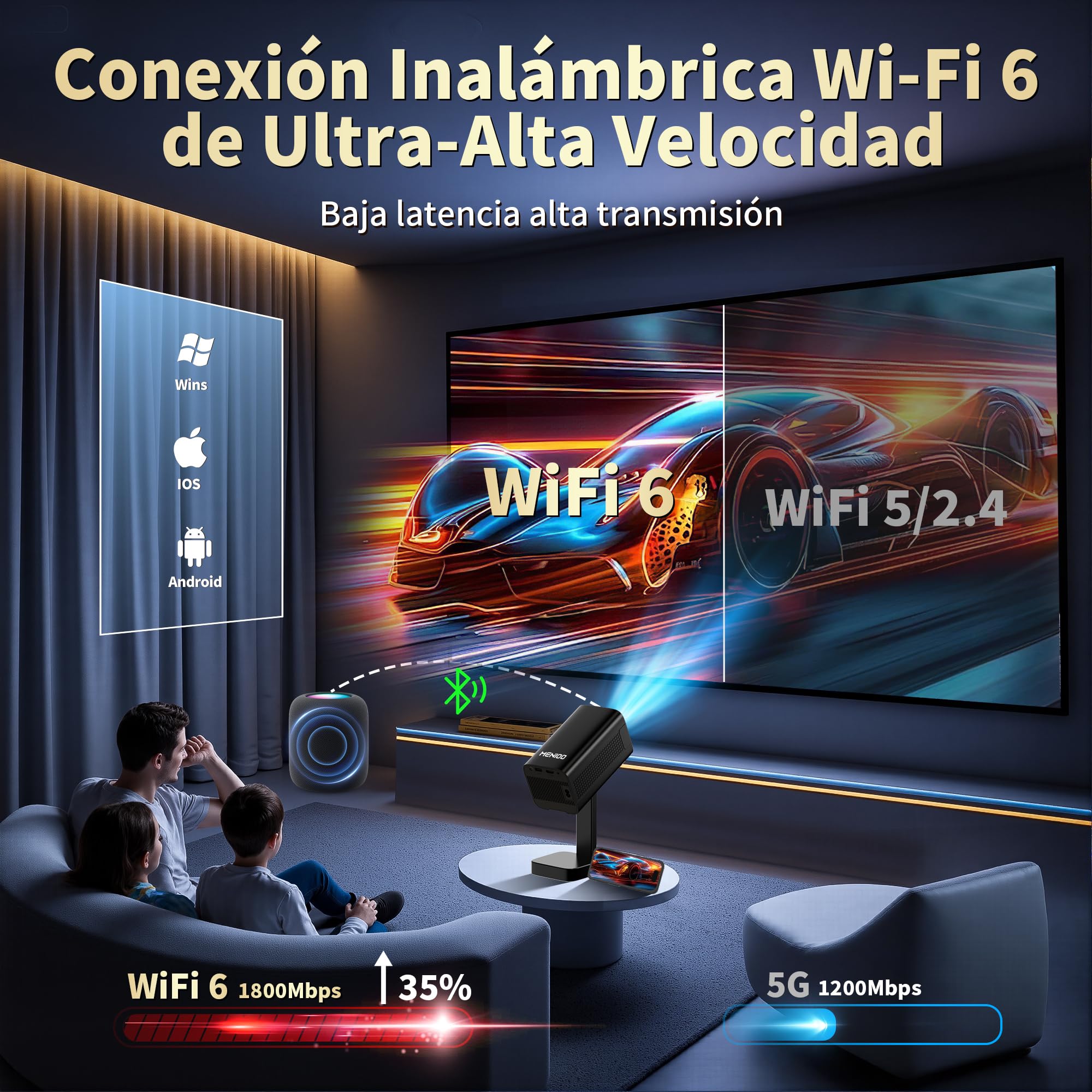 Mini Proyector 4K 1080P Full HD, 2026 Upgraded Proyector Portátil [Built-in Apps & Auto Focus] con Auto Keystone y 90° Rotable con WiFi 6 Bluetooth 5.4 con HDMI/TV Stick/USB/Laptop - Negro