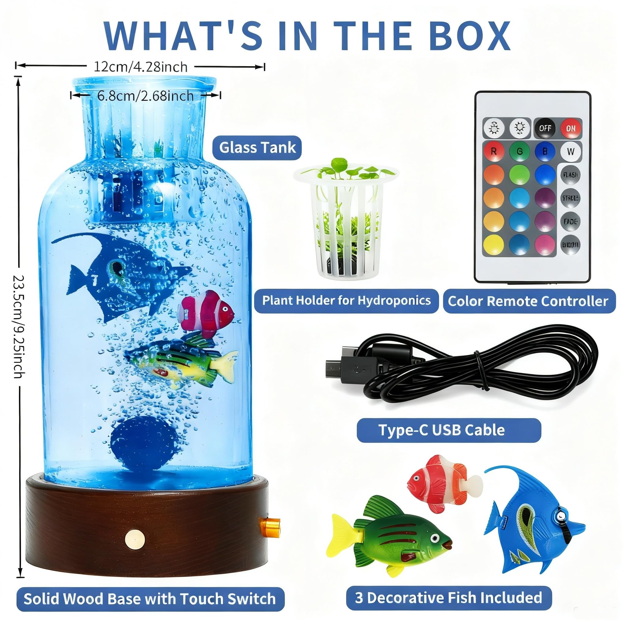 Sensorisches Blasen-Aquarium mit 3 künstlichen Fischen, 16-farbiges Nachtlicht, Mini-Glas-Tank mit künstlichen Pflanzen und Holzsockel, Luftpumpen-Stil, Schreibtischdekoration, Heimdekor, Geschenk für