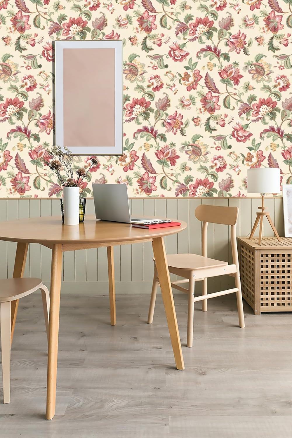 Vintage Floral Peel and Stick Wallpaper, Pink Flowers and Green Leaves, Self-Adhesive Removable Wall Stickers for Home Bedroom Cabinets Thicken, 44 cm x 300 cm