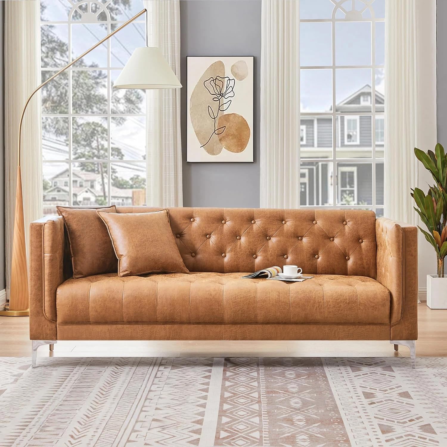 HIFIT 79" W Brown Faux Leather Sofa Couch with 2 Pillows, 3 Seater Couches for Living Room, Handmade Button Tufted Cushions and Metal Legs, Modern Leather Sofa for Apartment, Office