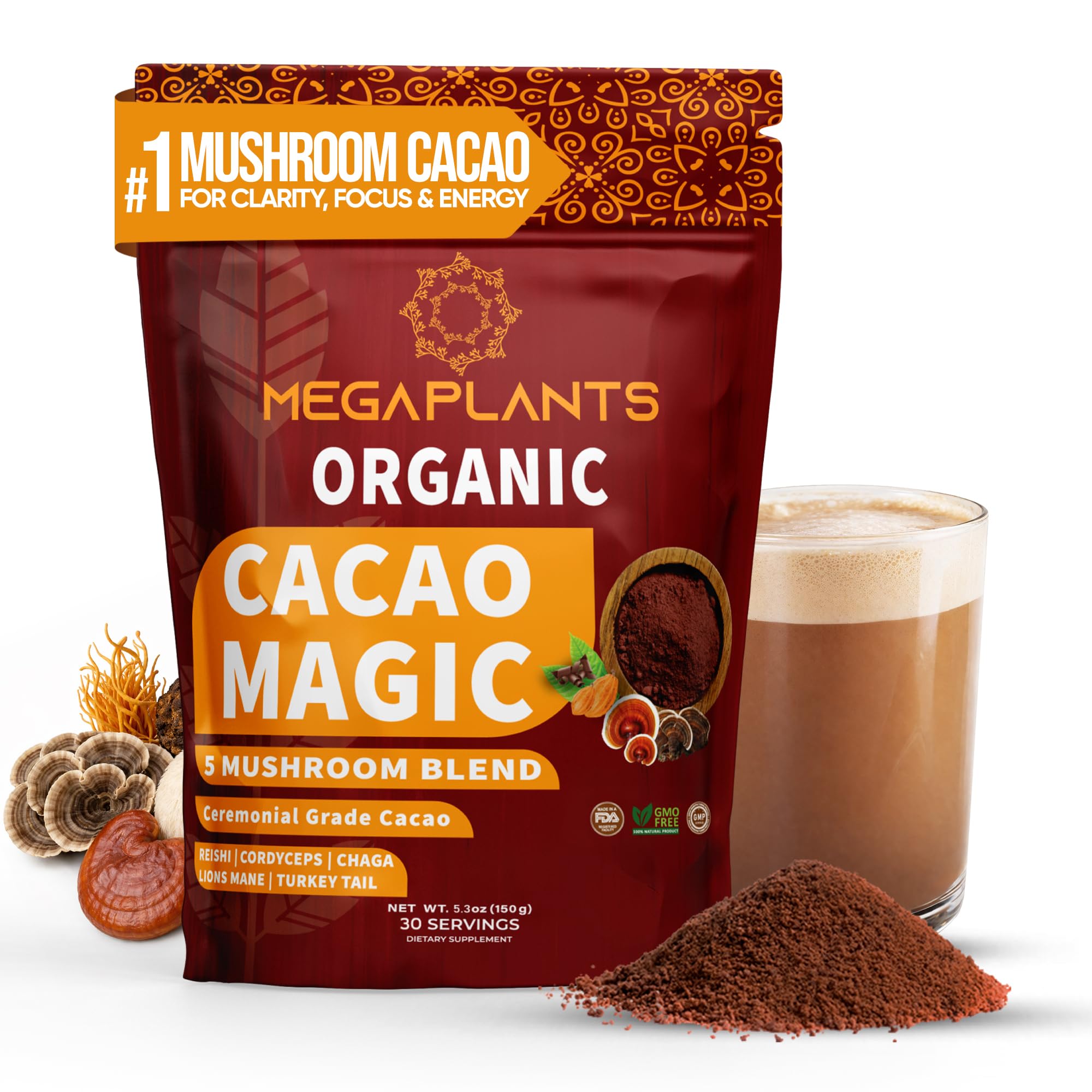 MEGAPLANTS Mistura de Cacau com Cinco Cogumelos em Pó, 5.000 mg, 150 g