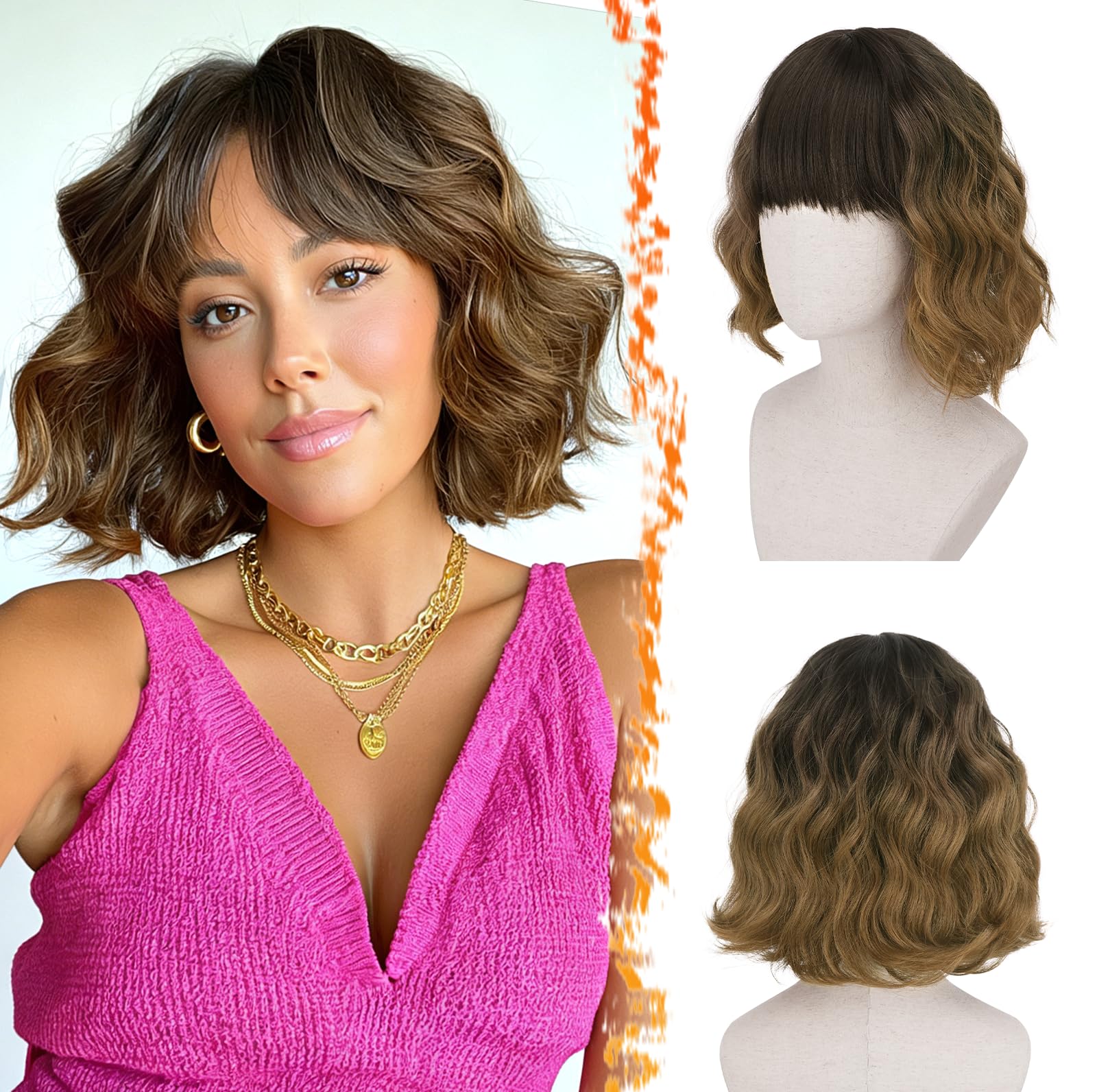 BARSDAR Brown Ombre Short Wavy Wig with Bangs - Short Wavy Brown Wig for Women - Fluffy Soft Synthetic Curly Textured French Bob Ombre Wigs with Bangs
