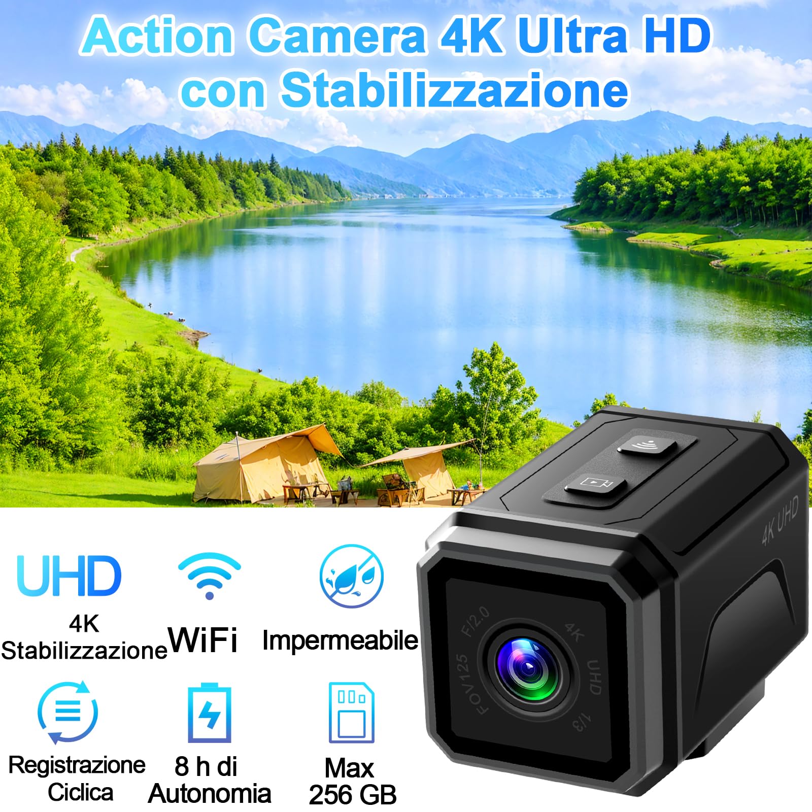 Telecamera Moto 4K WiFi Grandangolo 140° 8h, Action Cam per Sport | 8h batteria, 4K HDR stabilizzato, 256GB SD, fissaggi per casco/moto/sci