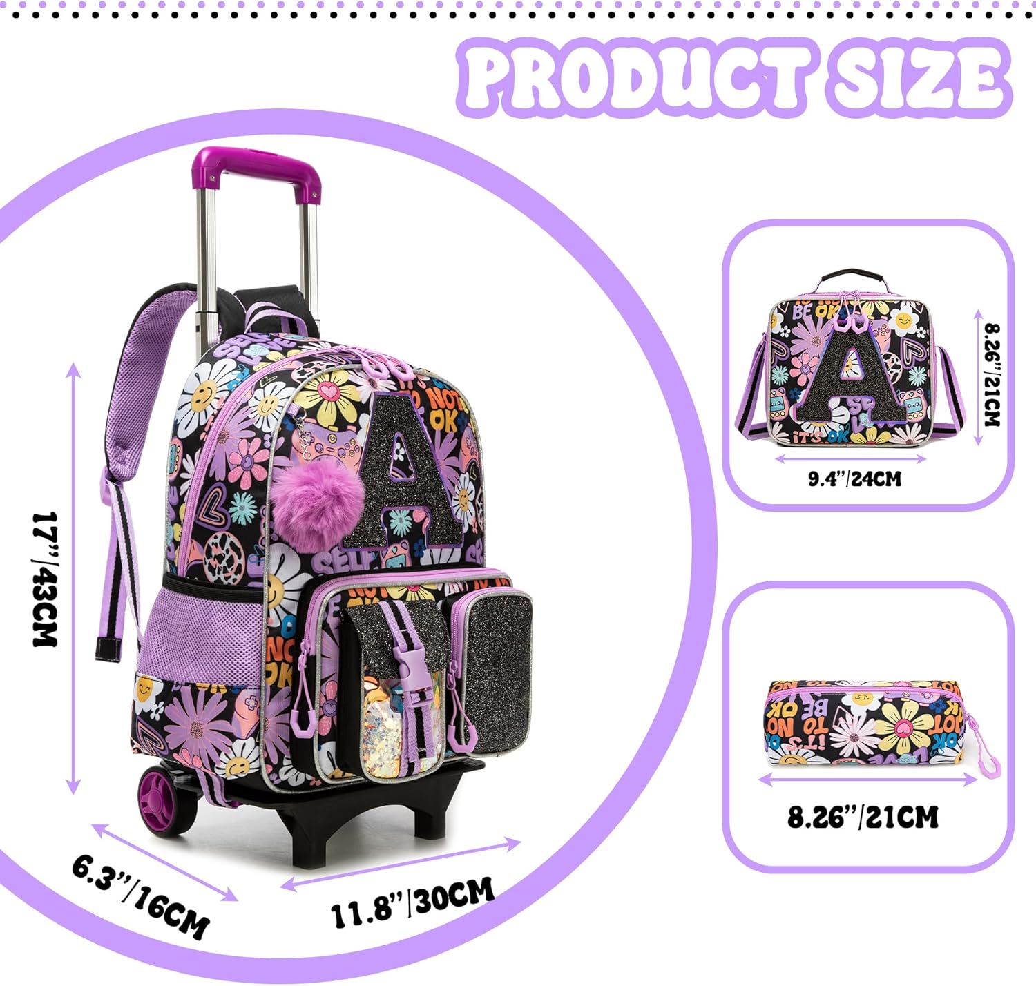 HTgroce Cute Rolling Backpack for Girls Kids with Lunch Box & Pencil Case 3pcs Girls Rolling Backpacks for Elementary Middle School Bag with Wheels (Sun Flower Letter A)