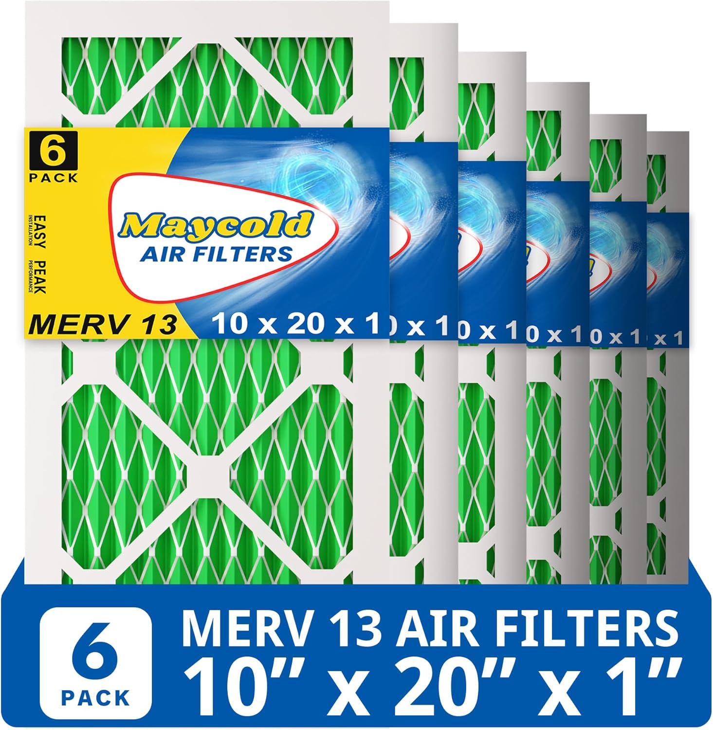 Maycold MERV 13 10x20x1 Air Filter (6-Pack), High-Efficiency Pleated AC & Furnace Filters, Actual Size: 9.70” x 19.70” x 0.75”, Individually Wrapped in Plastic 10x20x1 6-PACK
