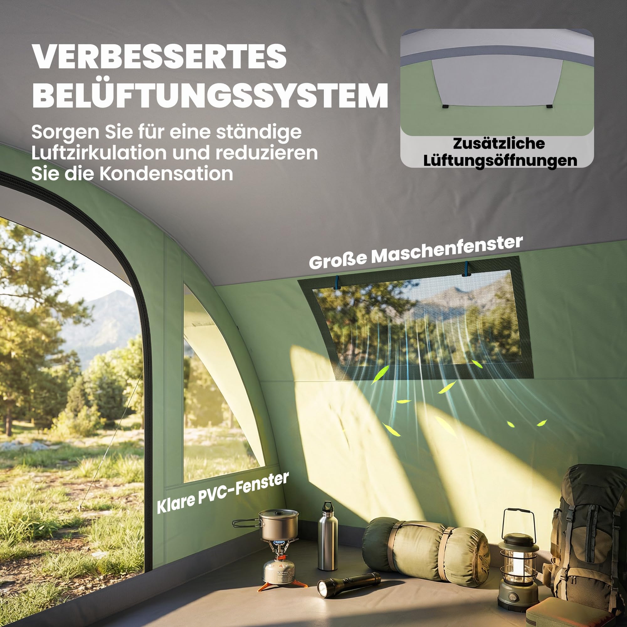 Outsunny Tunnelzelt 5 Personen Familienzelt mit 2 Schlafkabine Vorzelt 4 Fenstern Bodenplane Stehhöhe 3000 mm Wassersäule wasserdicht Campingzelt mit Tragetasche Camping Zelt für Cmping Hellgrün