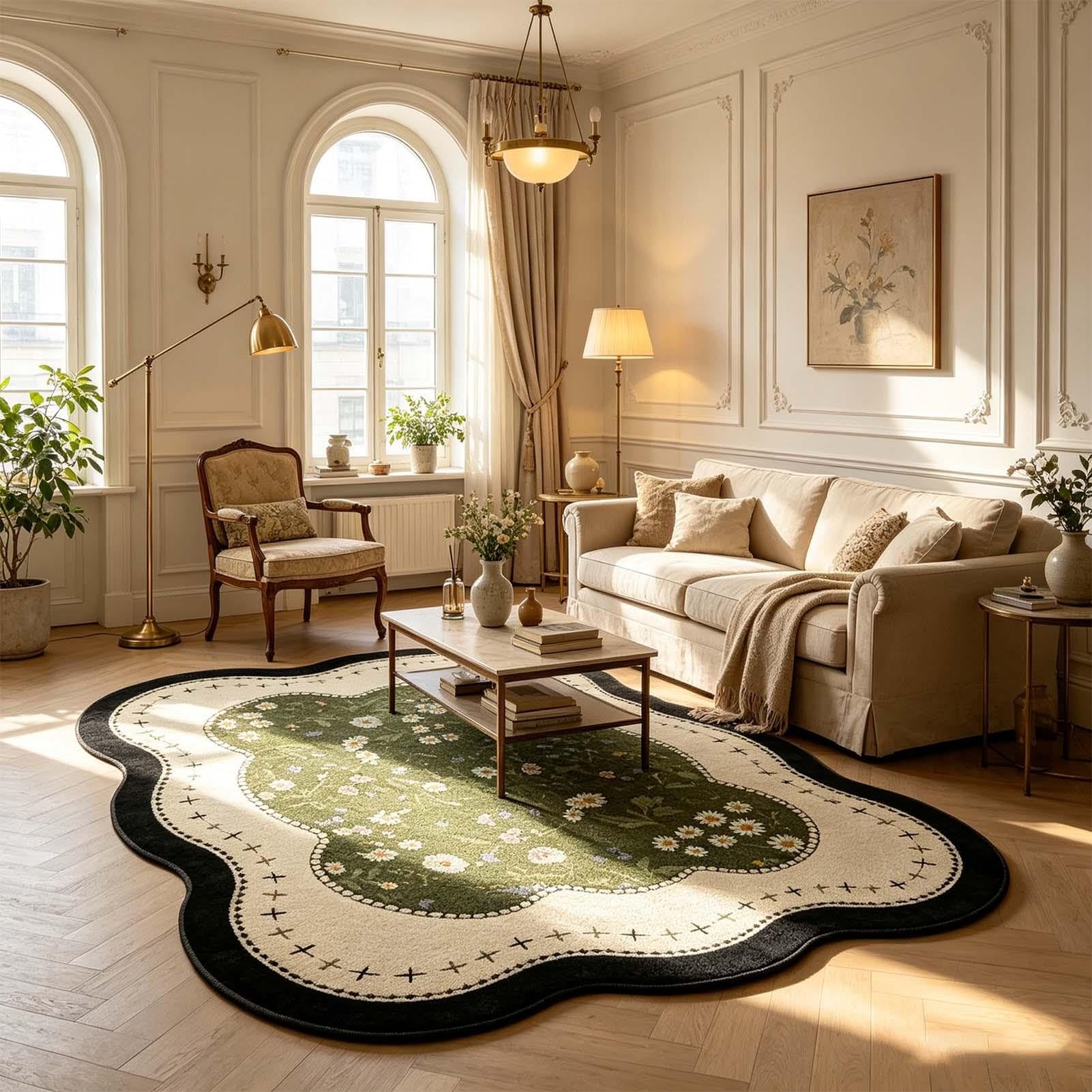 Waschbarer grüner Teppich mit gewelltem Blumenmuster für das Wohnzimmer