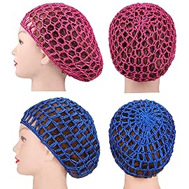 Geyoga 4 Pieces Mesh Crochet Hair Net Rayon Knit Snood Hat Thick Short Women Hairnet Snoods Cover Ornament for Sleeping (Pink, Rose Red, Green, Royal Blue)