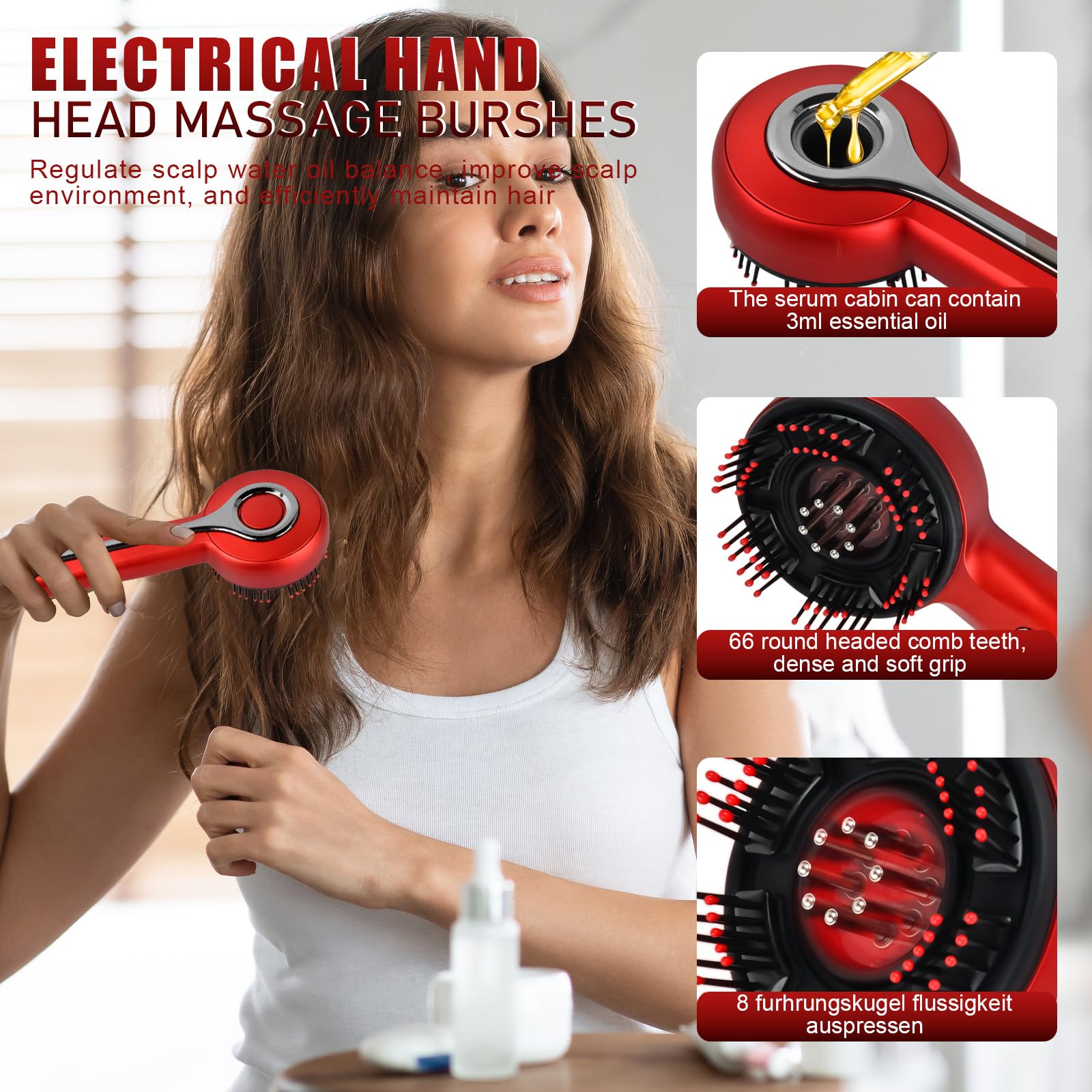 Brosse Massage Cuir Chevelu Électrique, 3 in 1 Masseur Tete Cheveux à Lumière Rouge, Peigne de Massage Electrique, Étanchéité IPX7 avec 3 Modes et Distributeur d'Huile Capillaire 3ML (Noir)