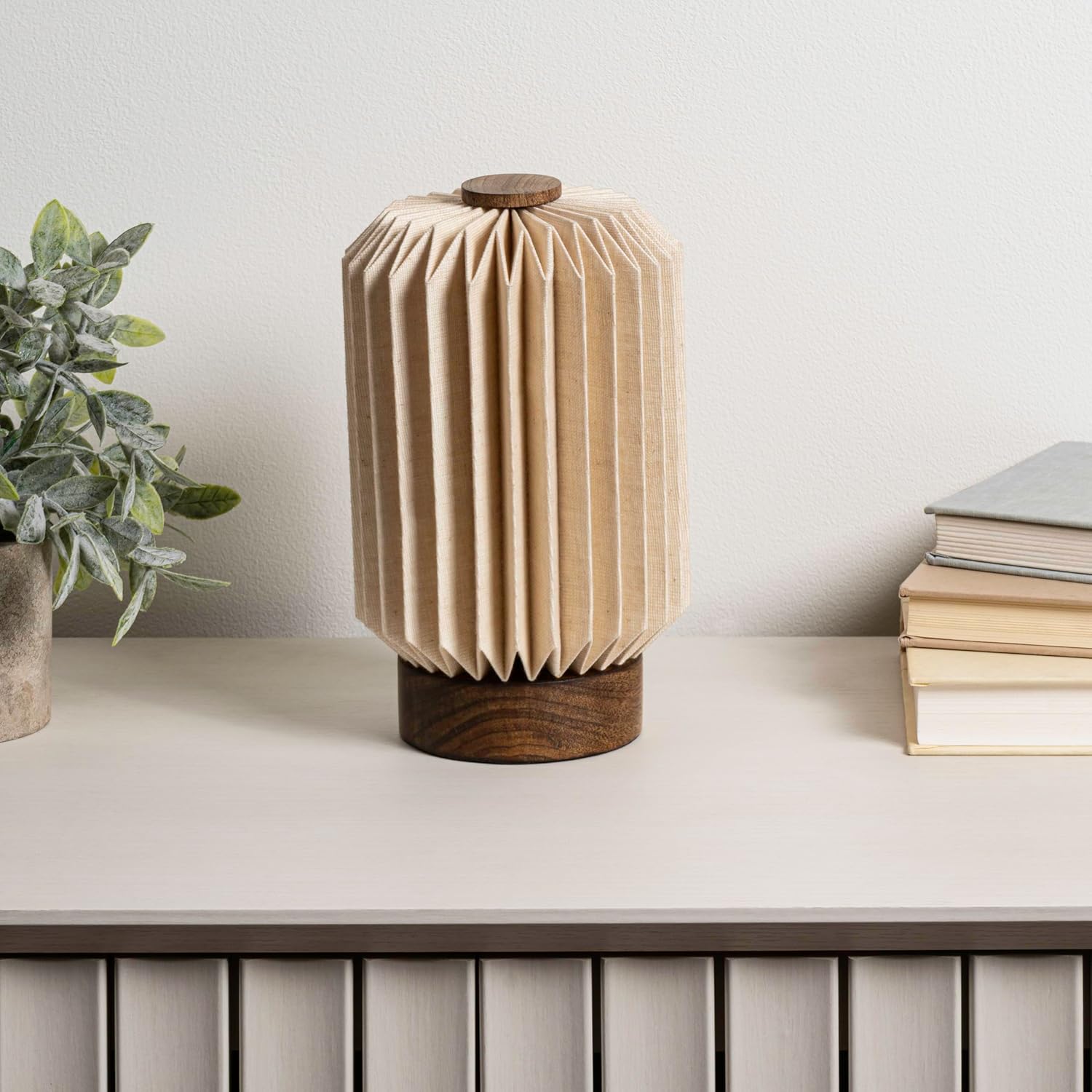 JONATHAN Y 8.5" Natural Modern Minimalist Column Accent LED Table Lamp, Small, Pleated Paper Shade, Mango Wood Base, Scandinavian Bedside Lamp, LED Bulb Included (JYL9102B)