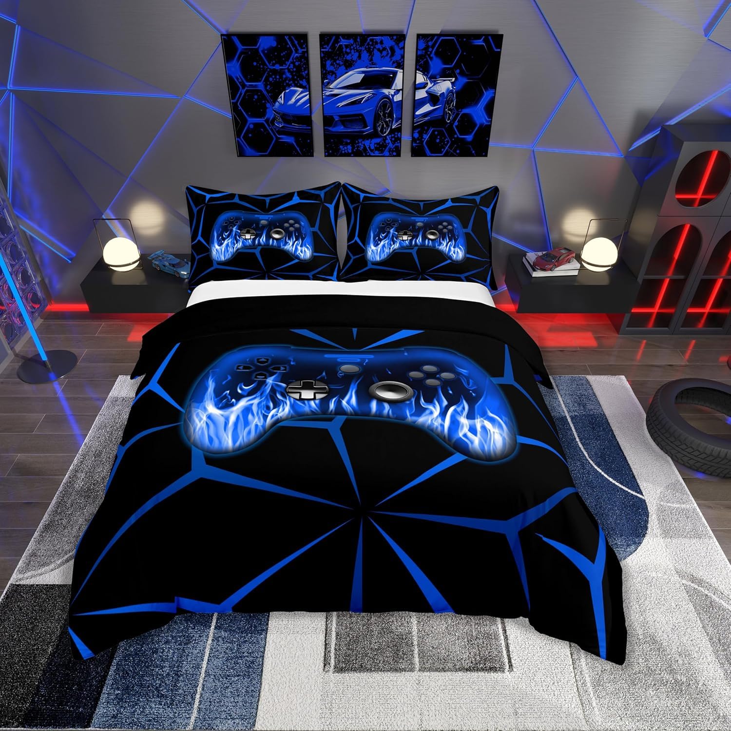 Homemissing Kids Gamer Duvet Cover Set,Gaming Bedding Set Single Size for Boys Girls,3D Geometric Video Game Console Comforter Cover,Blue and Black Game Contoller Bedclothes
