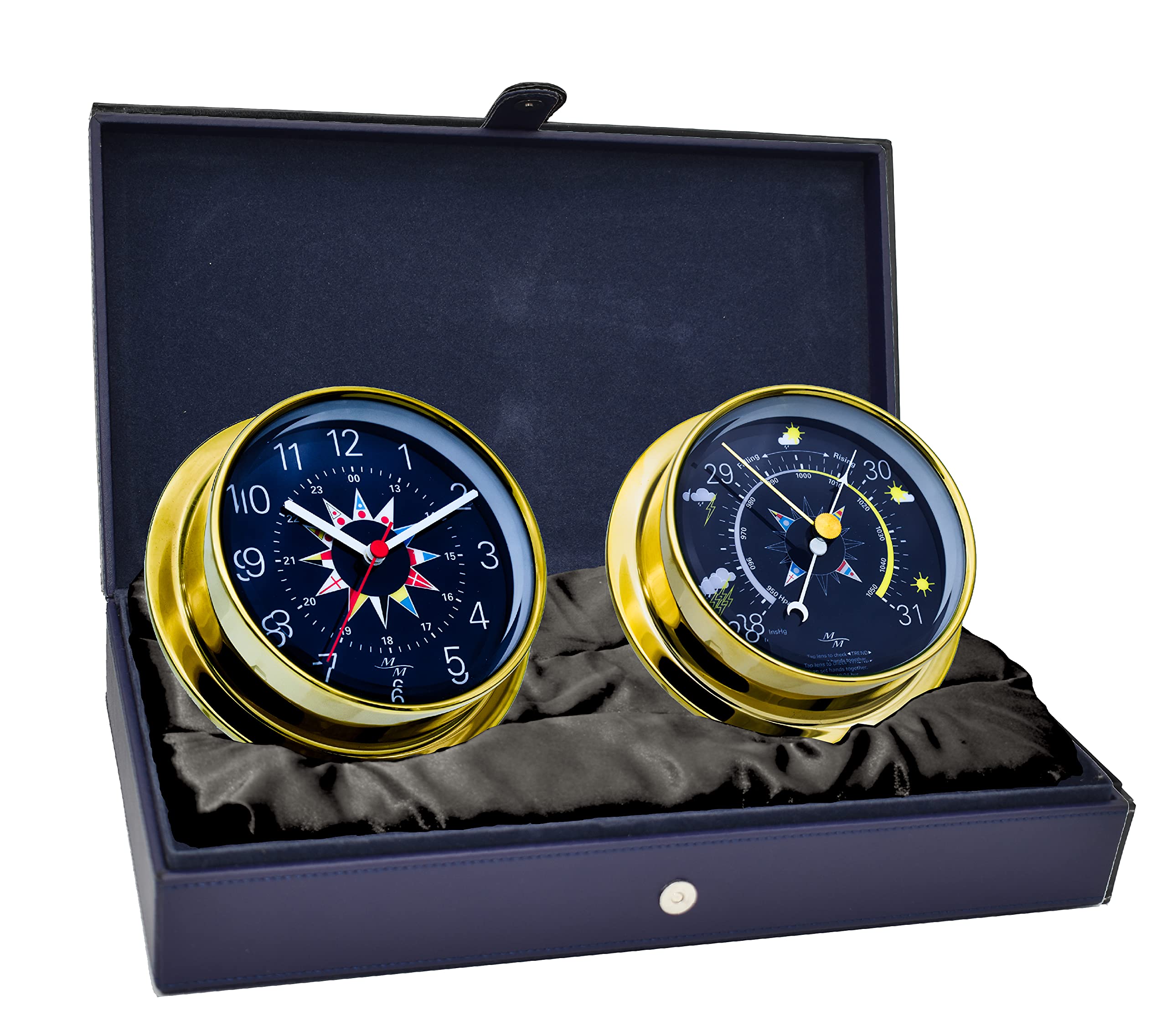 MASTER-MARINER Blue Mariner Collection, Nautical Cabin Gift Set, 5.75” Diameter Clock and Barometer Instruments, Gold Finish, Blue Signal Flag dial