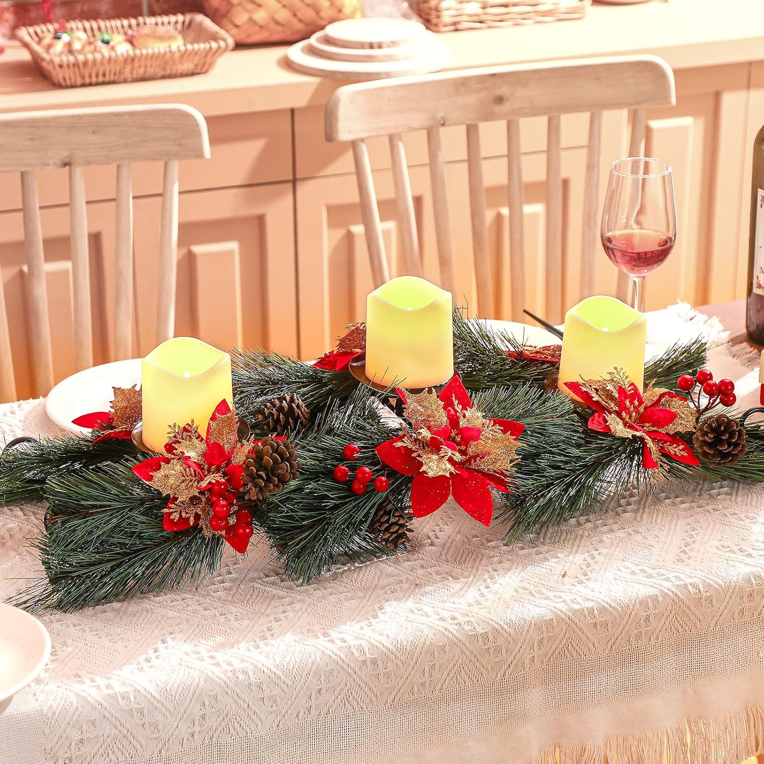 Dingion Christmas Poinsettia Candle Holder with 3 Flameless