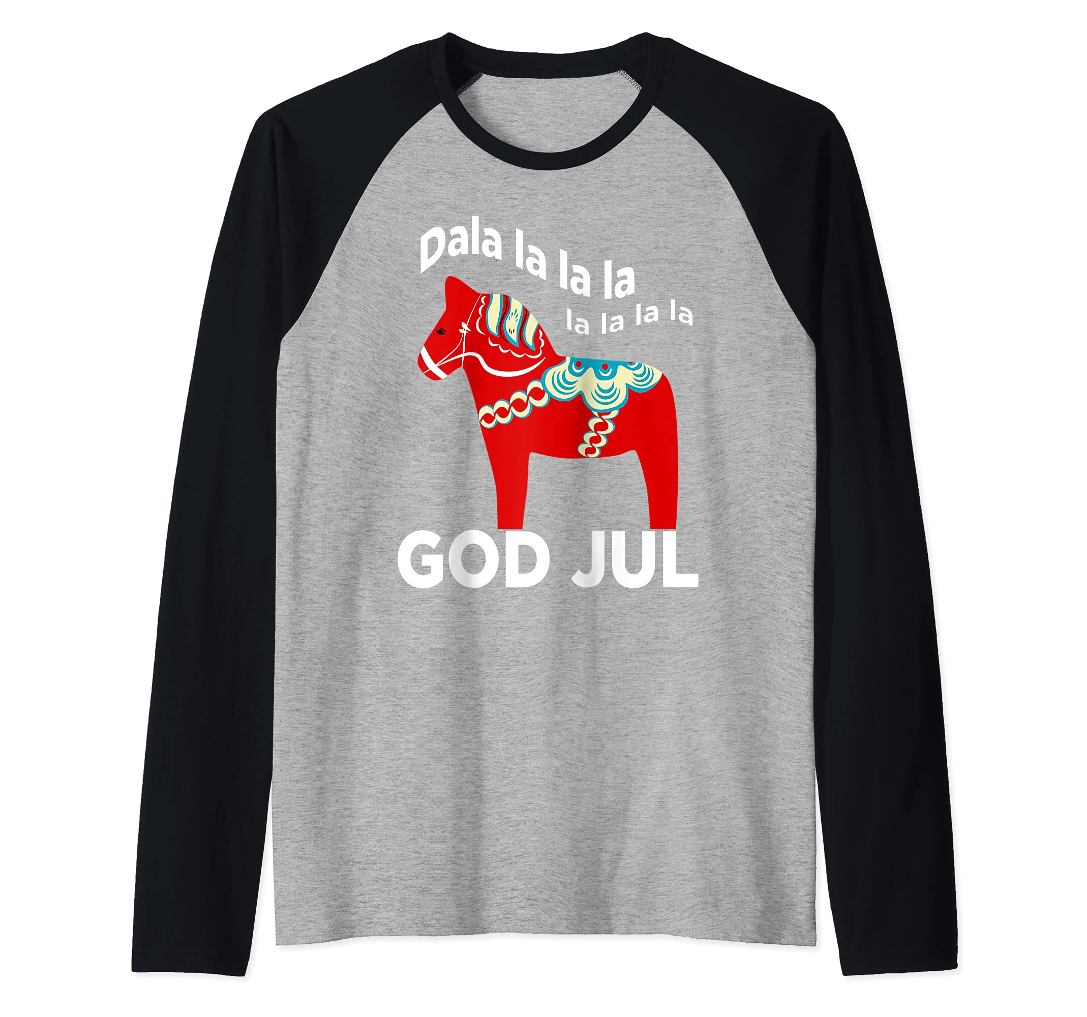 Funny Swedish Christmas God Jul Dala Horse Dalahost Raglan Baseball Tee