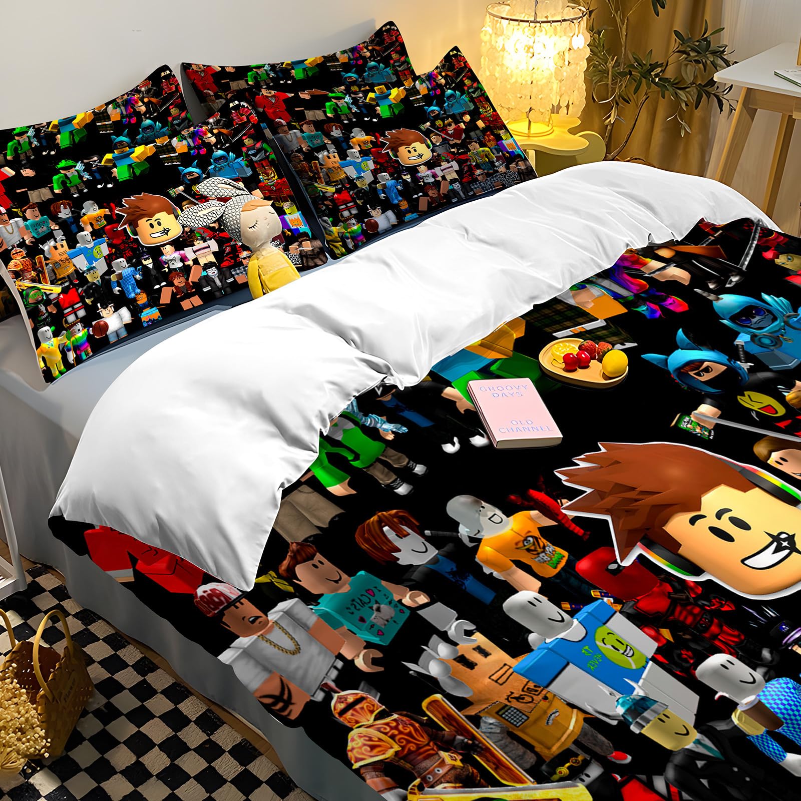 PQKL-party Set copripiumino Roblx, copripiumino Roblx (set biancheria da letto Rblox, 1 copripiuminos 135 x 200 cm, 2 federe 75x50 cm)
