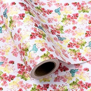 WRAPAHOLIC Floral Wrapping Paper Roll - 17 Inch x 16.5 Feet - Glitter Floral Butterfly Wrapping Paper for Wedding, Women Birthday, Bridal Shower, Valentine's Day, Mother's Day