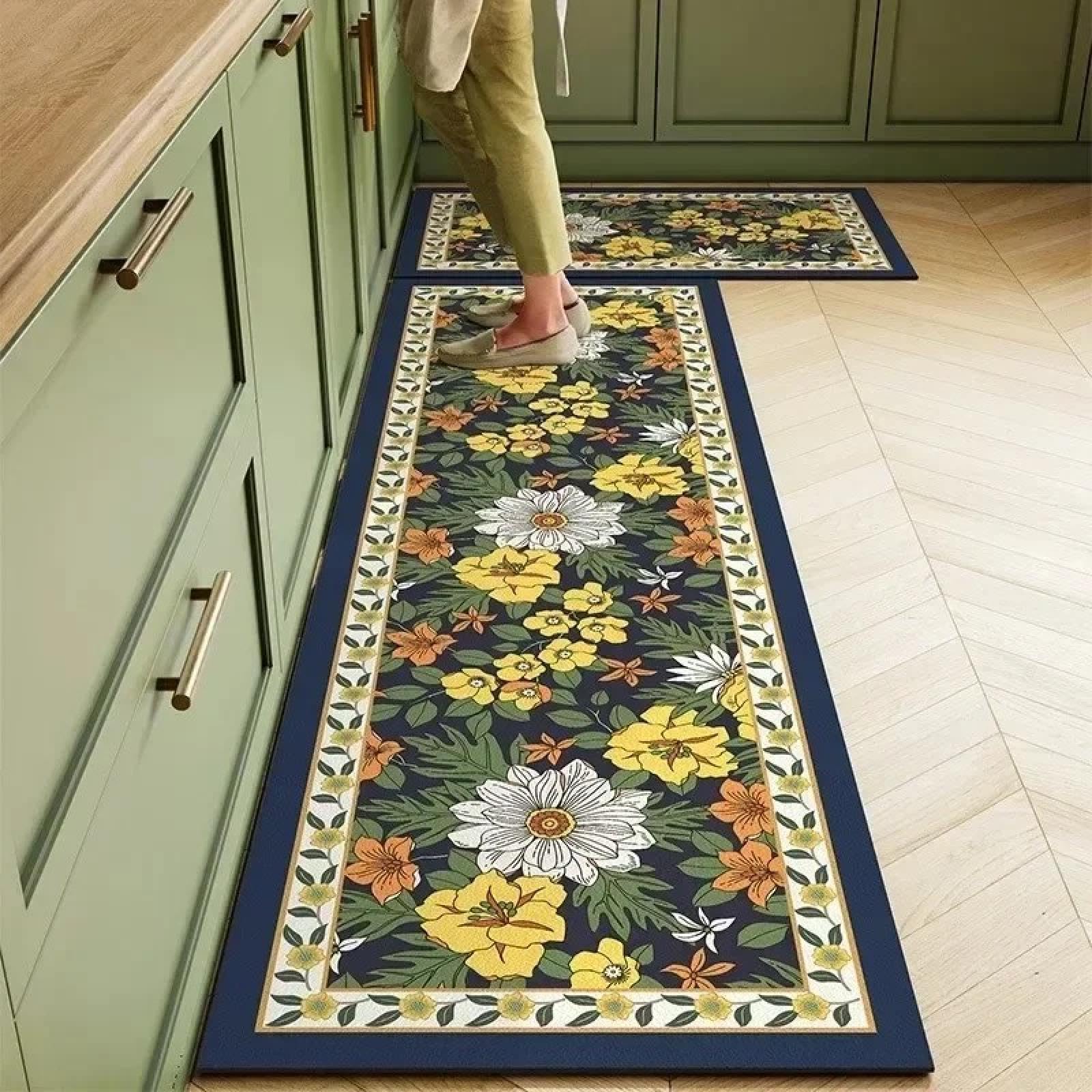 Tapis de sol de cuisine anti-tache en PVC et cuir, grand tapis fleuri facile à nettoyer 180cm