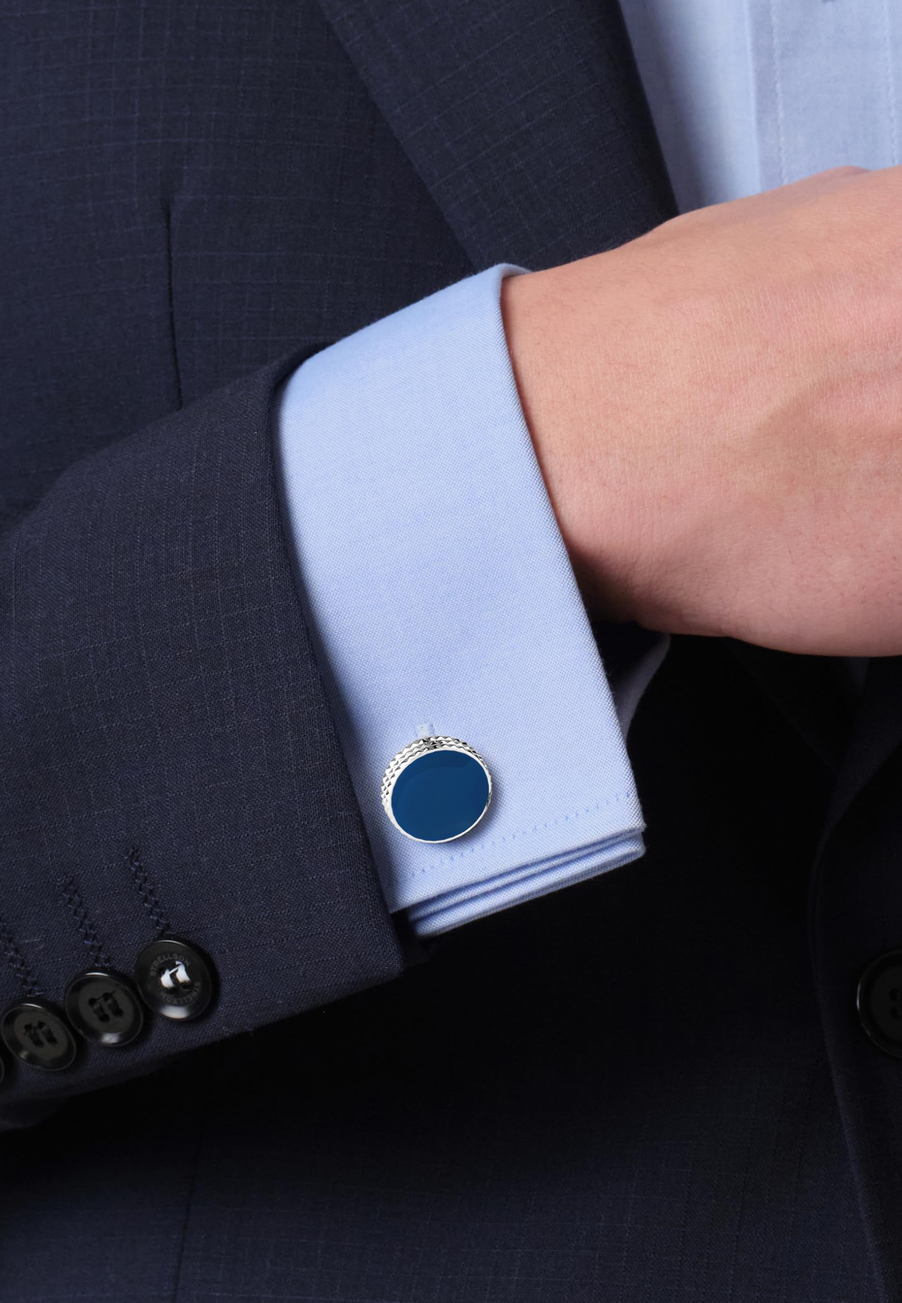 DAVIDOFF PARIS Manschettenknöpfe aus Edelstahl – Blau/Silber, rund, PARIS‑Muster