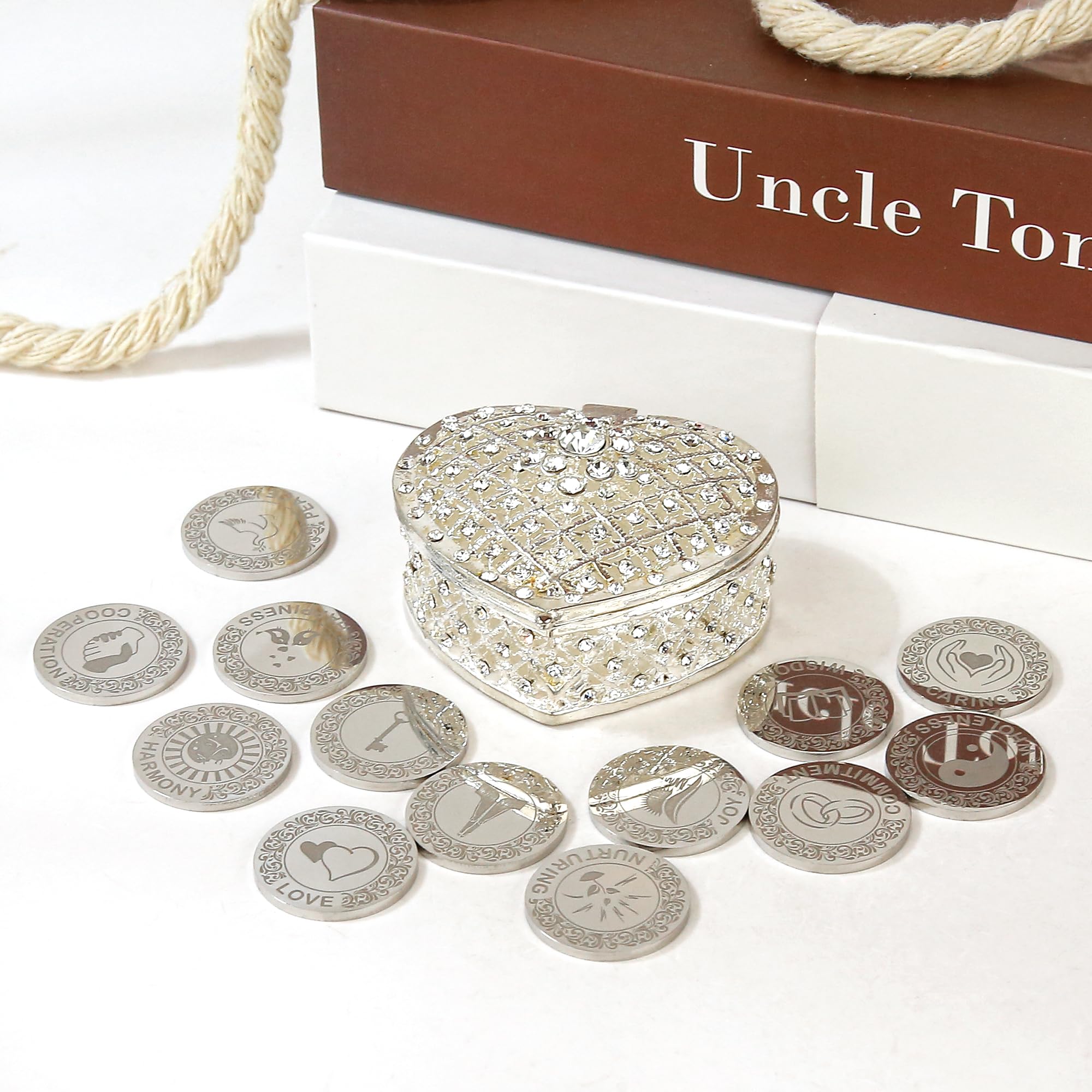TINGKU Custom Wedding Coin Set - Arras para Boda Católica, 13 bendiciones únicas, caja de cuero de recuerdos de boda significativa-Silver Coins HB