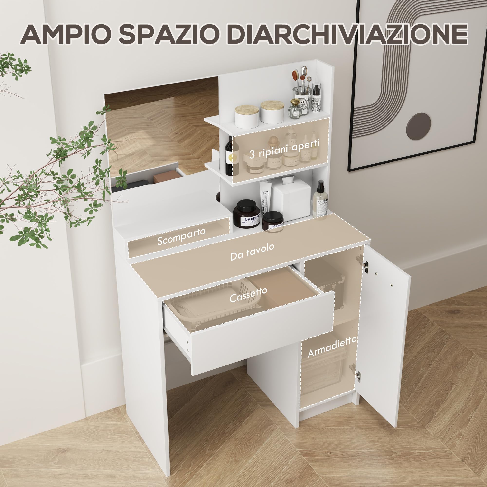 HOMCOM Toeletta Trucco con Specchio e Sgabello, Postazione Trucco con Cassetto, Armadietto e Ripiani in Legno, Bianco