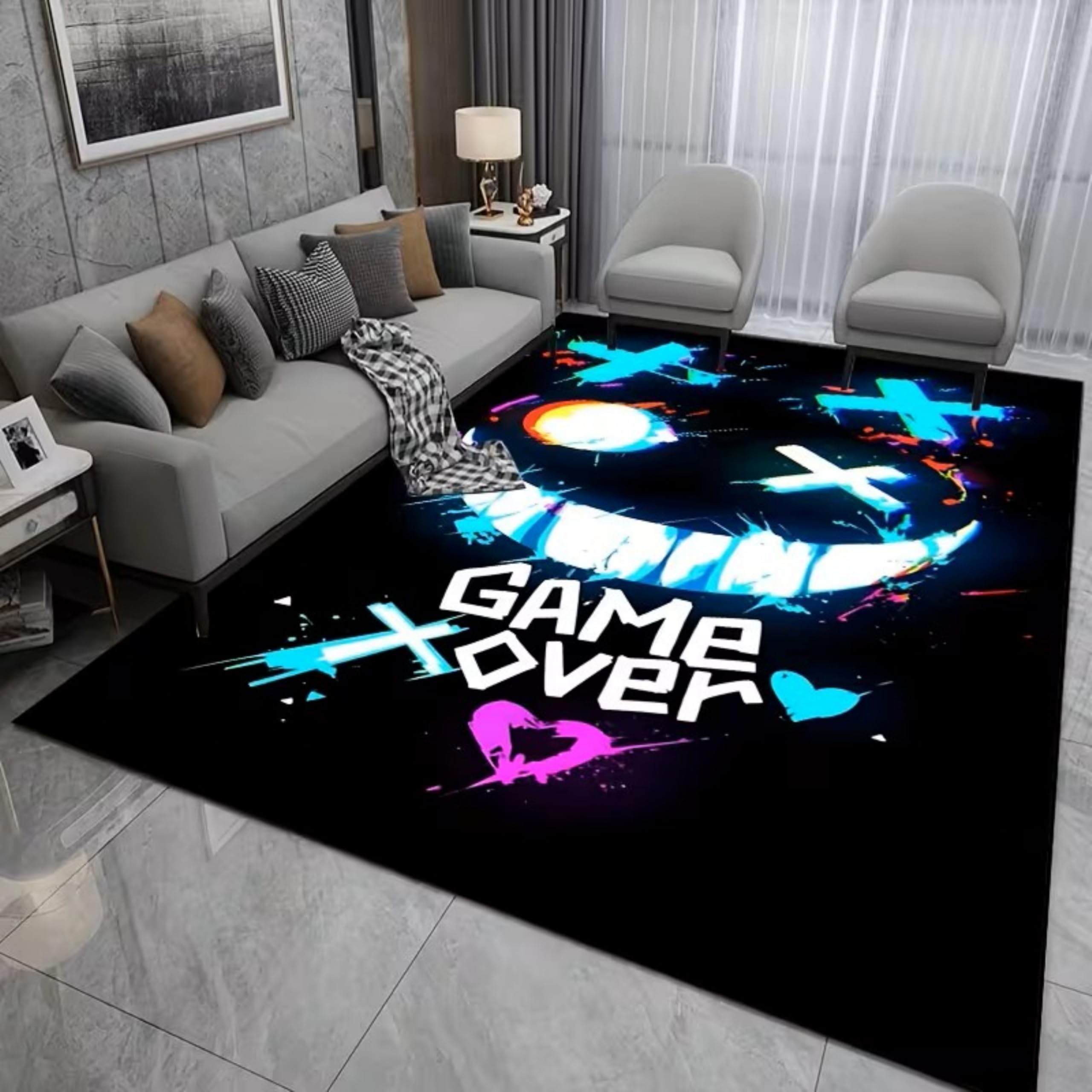SOJAWA Neon Style Rug 150x200cm Simple Street Graffiti Game Over White Font Pattern Rugs, Washable Non-Slip Game Mat, Boys and Girls Bedroom Rug, Suitable for Living Room, Game Room