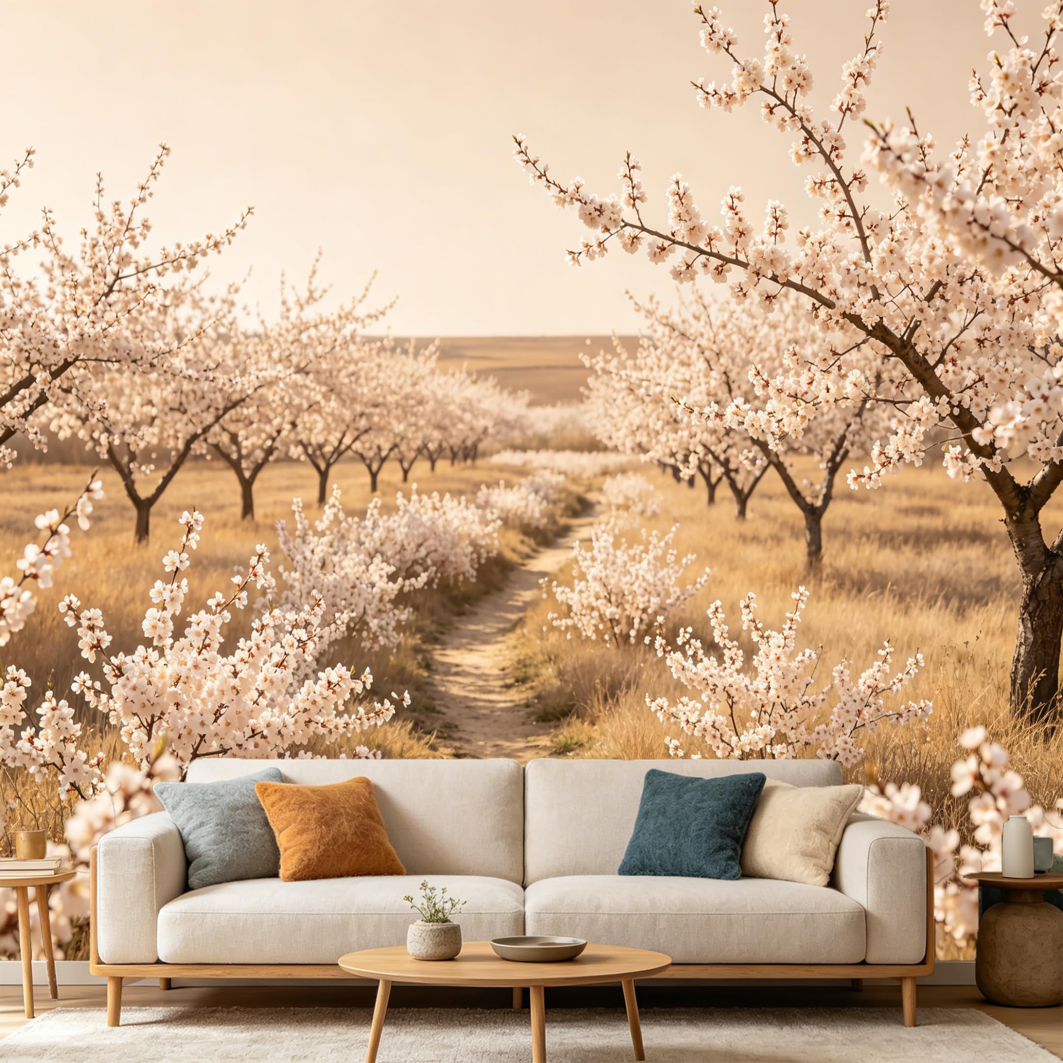 Custom Size Wall Mural Botanical Spring Cherry Blossom Orchard Path SelfAdhesive Art Prints wall Fabric（No PVC） Removable Wallpaper Home Bedroom Decor Living Room