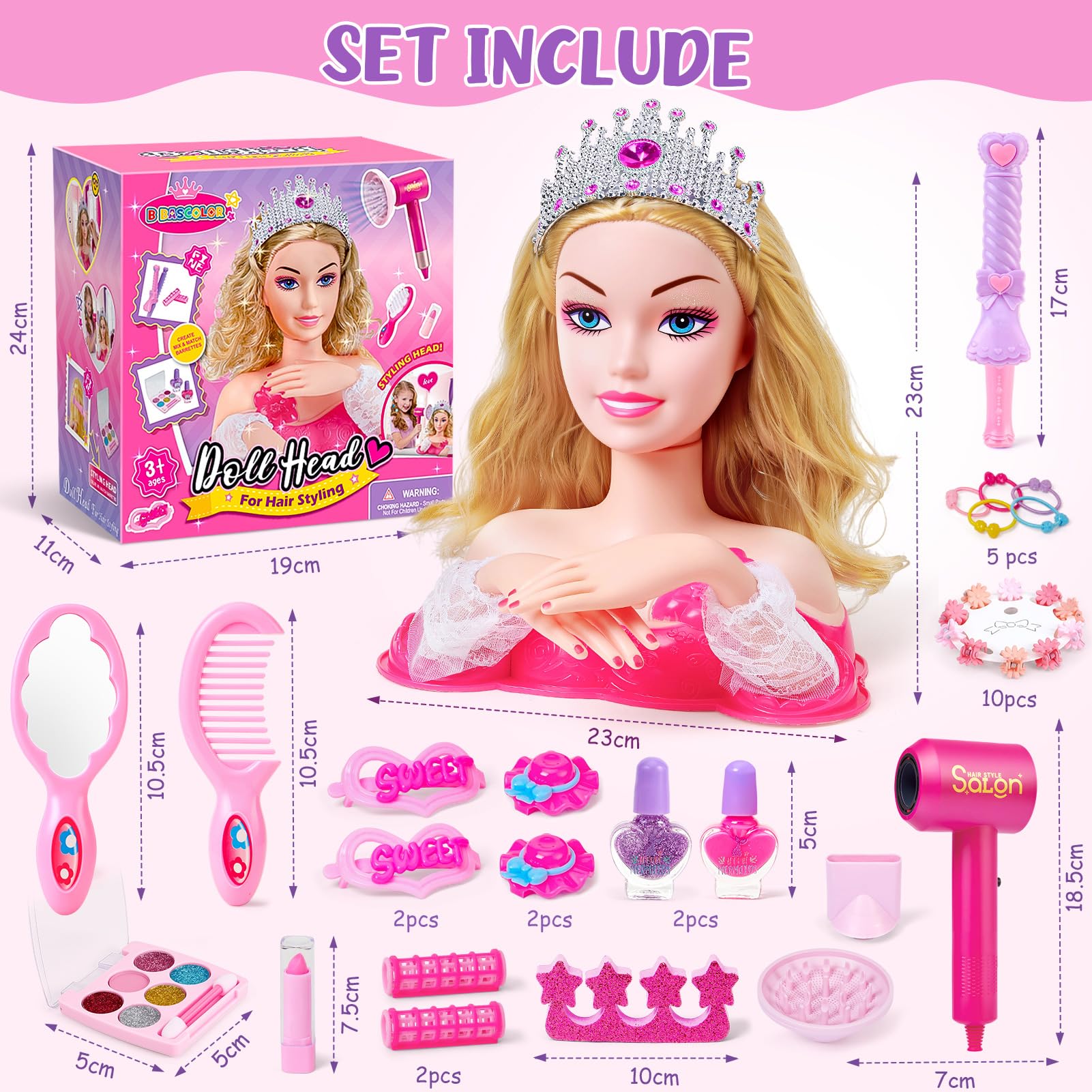 G.C Testa Bambola da Truccare e Pettinare Giocattoli Bambina 4 5 6 7 8 Anni con Asciugacapelli Smalto Pelabile Unghie Trucchi Corona Accessori per Capelli,Set Parrucchiera Bambina Regalo Compleanno